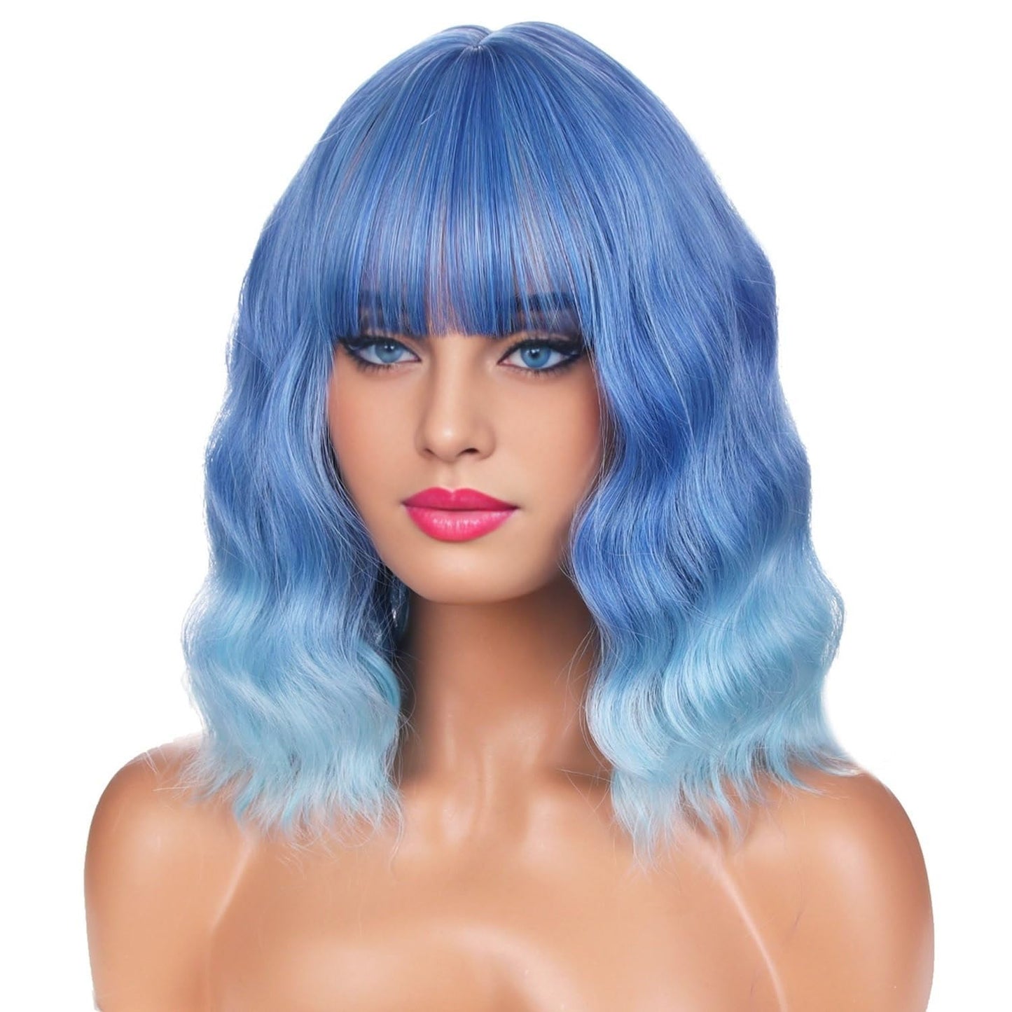 BERON 14 Inches Ombre Blue Wig Short Curly Wig with Bangs Blue Ombre Wig Synthetic Wigs Women Girls Ombre Wig with Wig Cap