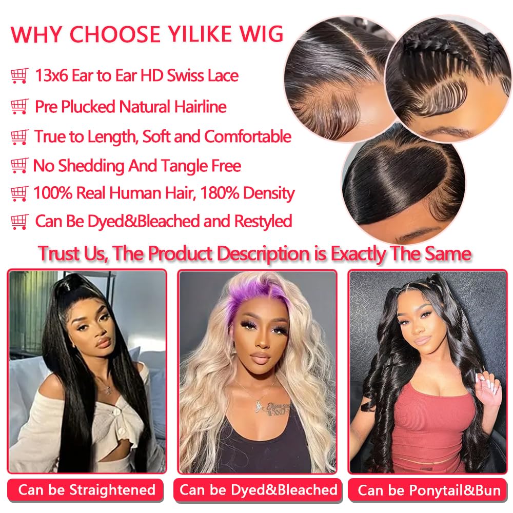 Yilike 13x6 Body Wave Lace Front Wigs Human Hair Pre Plucked Glueless Wigs Human Hair 180% Density 13x6 HD Transparent Frontal Wigs Human Hair for Women 22 Inch