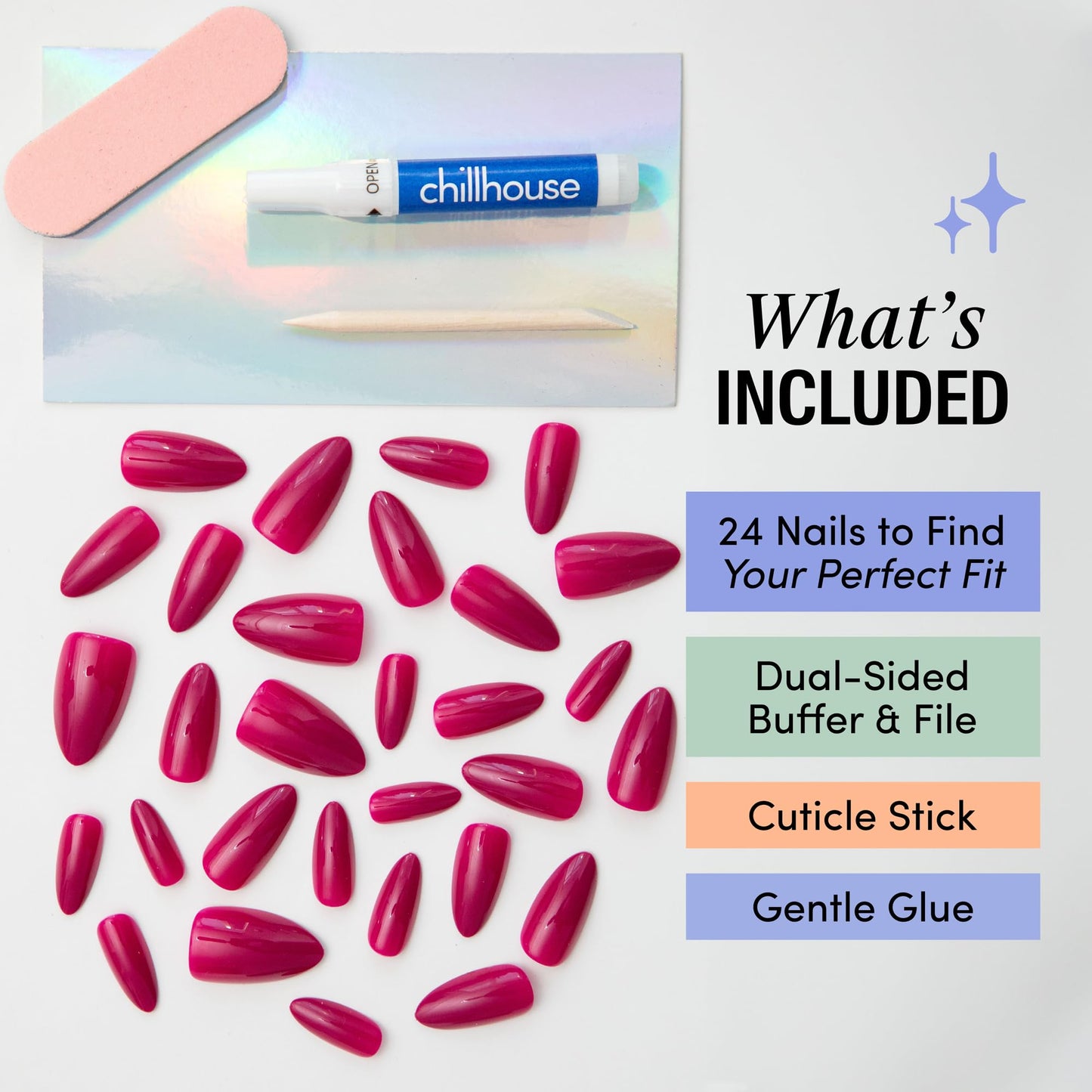 Chillhouse - Chill Tips, Press on Nails Kit - Luck Be a Lady (Long Almond) - 24 Nail Shapes & Sizes - Up to 3 Weeks Wear - Customizable Fit - Reusable - Latina Founded, Women Owned, Beauty, Self Care