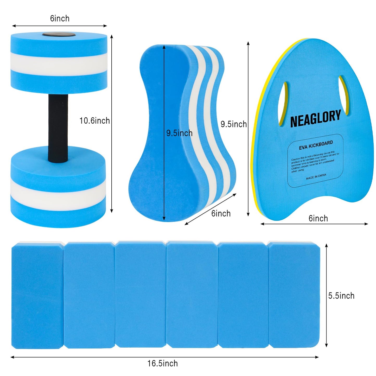 NEAGLORY 5 Pieces Water Aerobics Set Aquatic Exercise Set Pool Fitness Equipment Foam Water Dumbbell, Swim Kickboard, Pull Buoy, Aquatic Swim Belt for Water Exercise, Blue