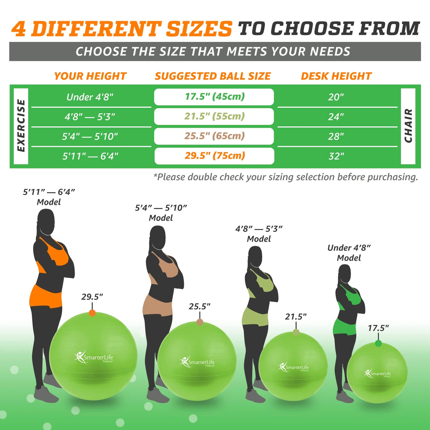 SmarterLife Workout Exercise Ball for Fitness, Yoga, Balance, Stability, or Birthing, Great as Yoga Ball Chair for Office or Exercise Gym Equipment for Home, Non-Slip Design (45 cm, Lime)