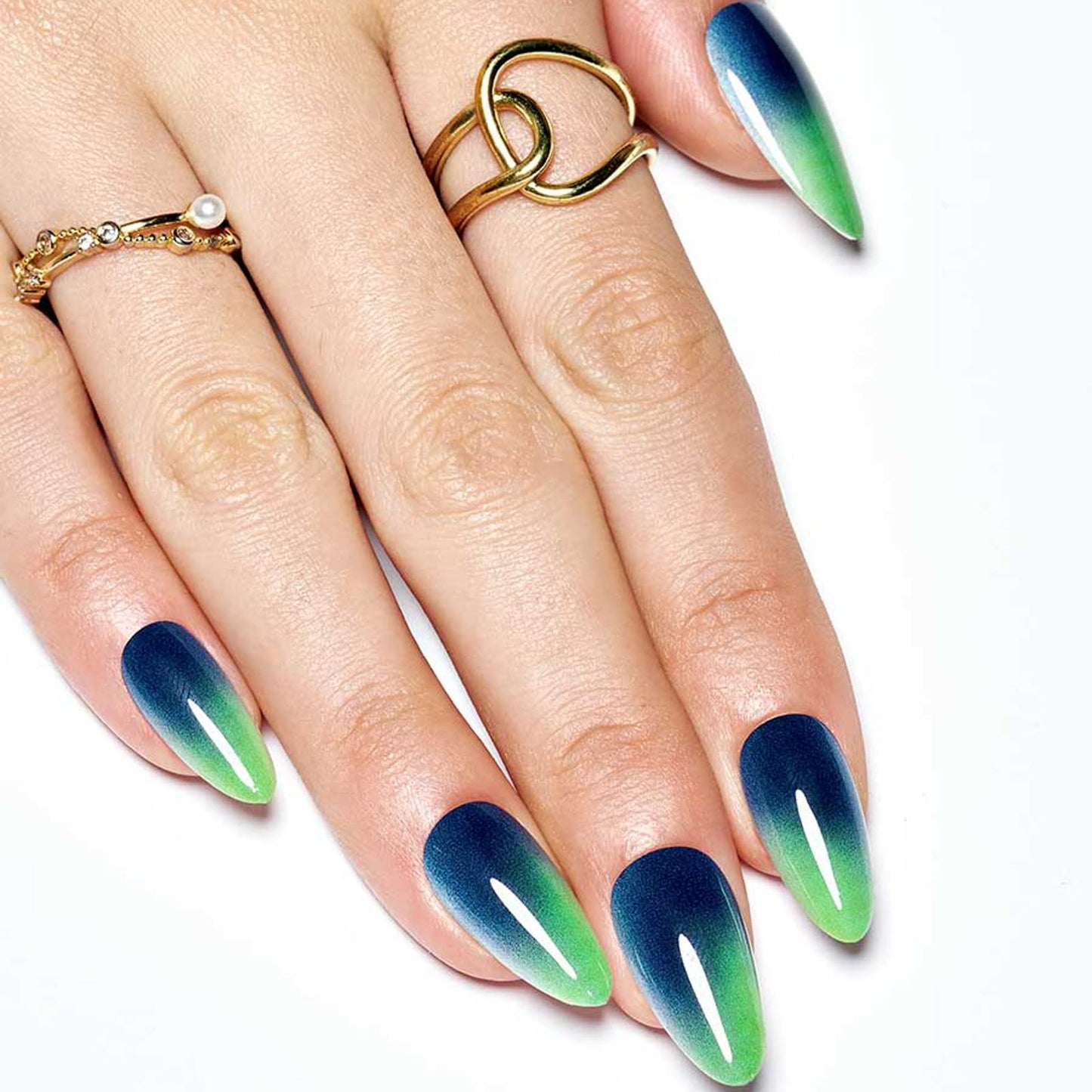 GLAMERMAID Press on Nails Medium Almond, Handmade Green Ombre Gel Glue on Nail, 24Pcs Glossy Short Stiletto Reusable UV Finish Fake Nails Acrylic False Nails Manicure Kits for Women