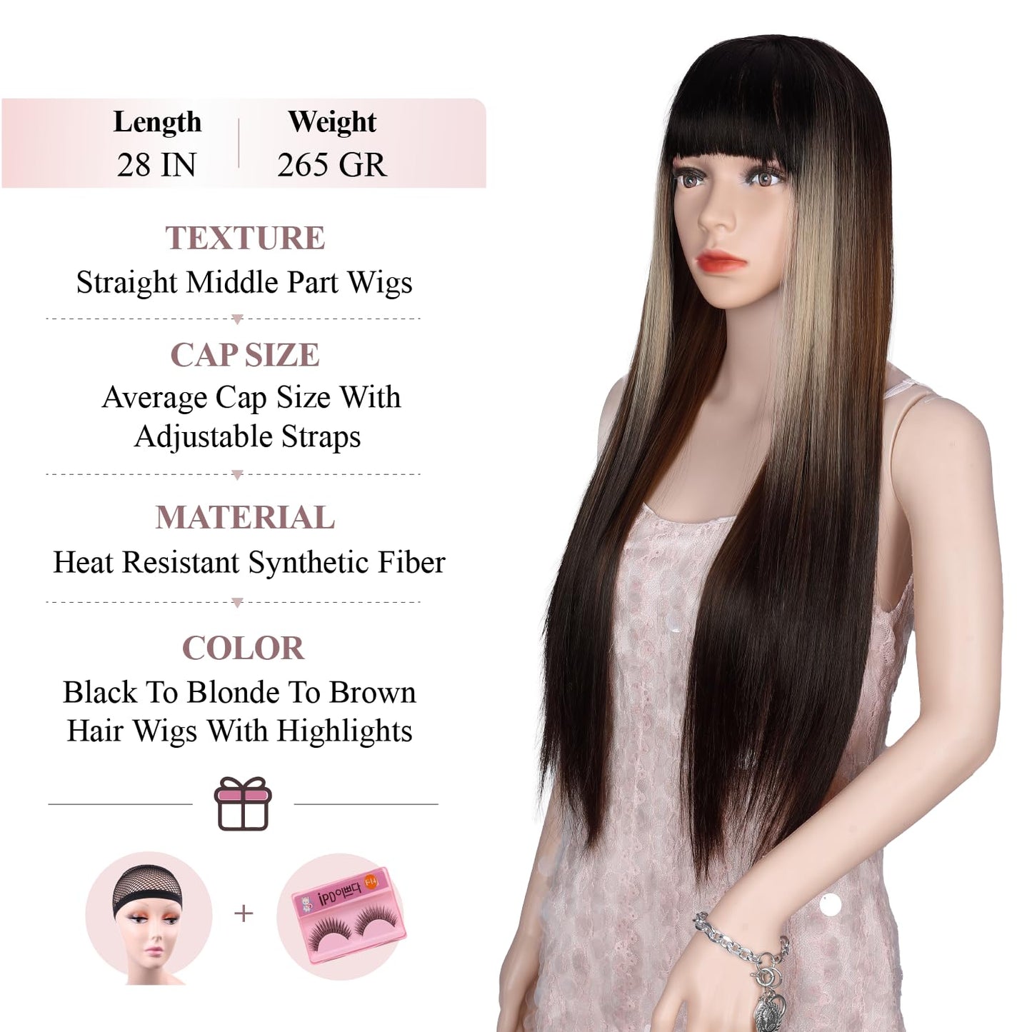 WIGER Straight Dark Brown Wigs with Bangs for Women Highlighted Ombre Long Straight Hair Wig Black-Blonde-Brown Long Wigs with Highlights Middle Part Synthetic Three-tone Hair For Party or Daily