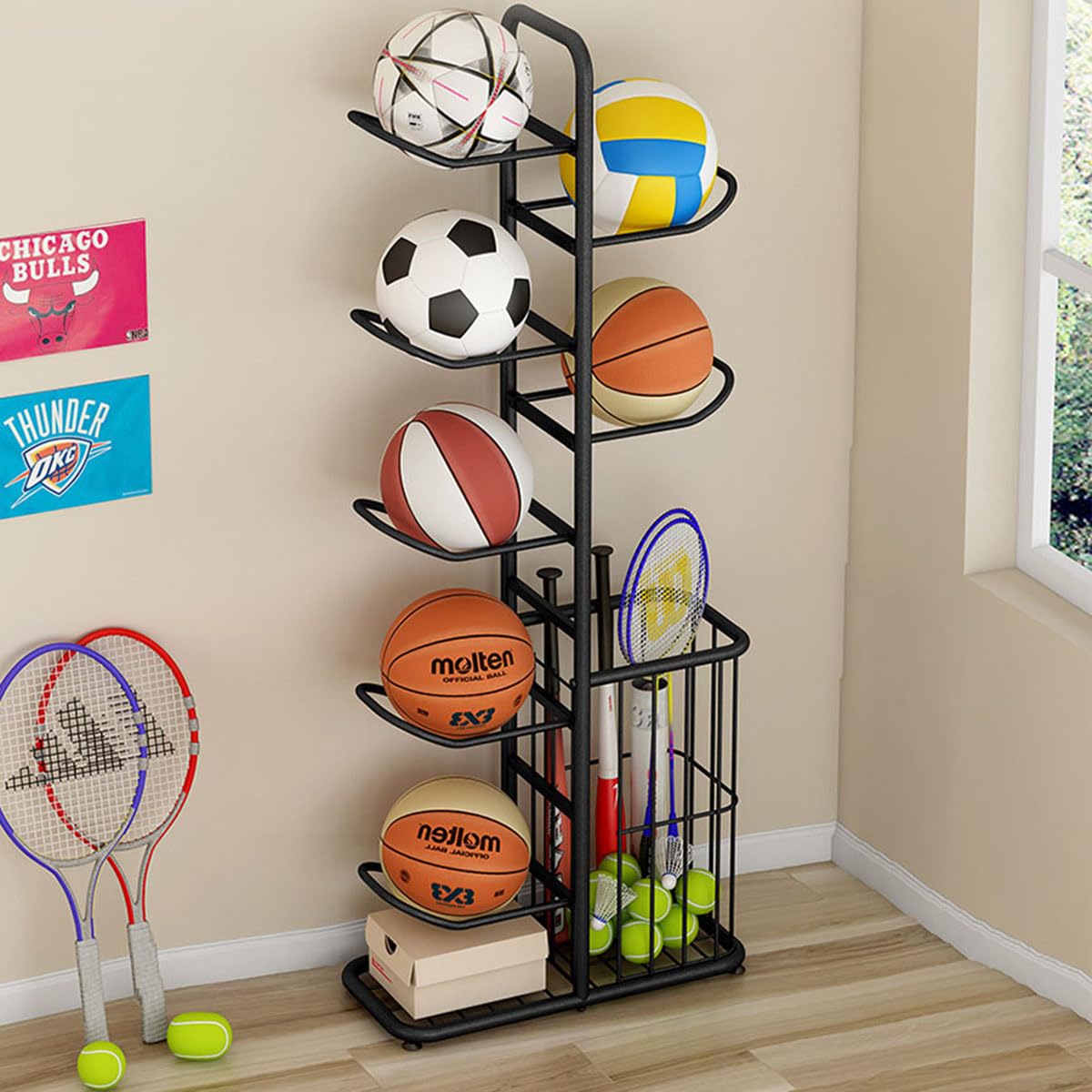 MLUPODY 7-Ball Sports Equipment Storage Rack with Ball Holder and Basketball Rack, Athletic Gear Organizer ball Stand - Organize Toys, Sports Gear and More, 57.5" (Black)