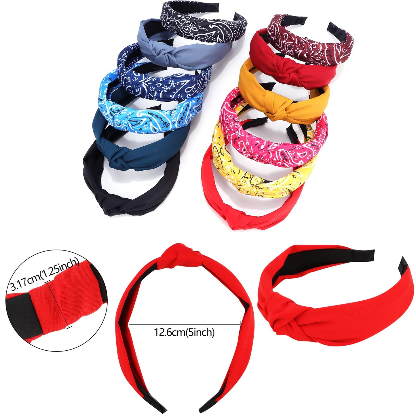 VELSCRUN Bandana Knotted Headbands for Women 12 Pack Gilrs Fashion Head Bands Solid Womens Hair Band Non Slip for Thin Thick Short Hair Face Wash Hair Accessories