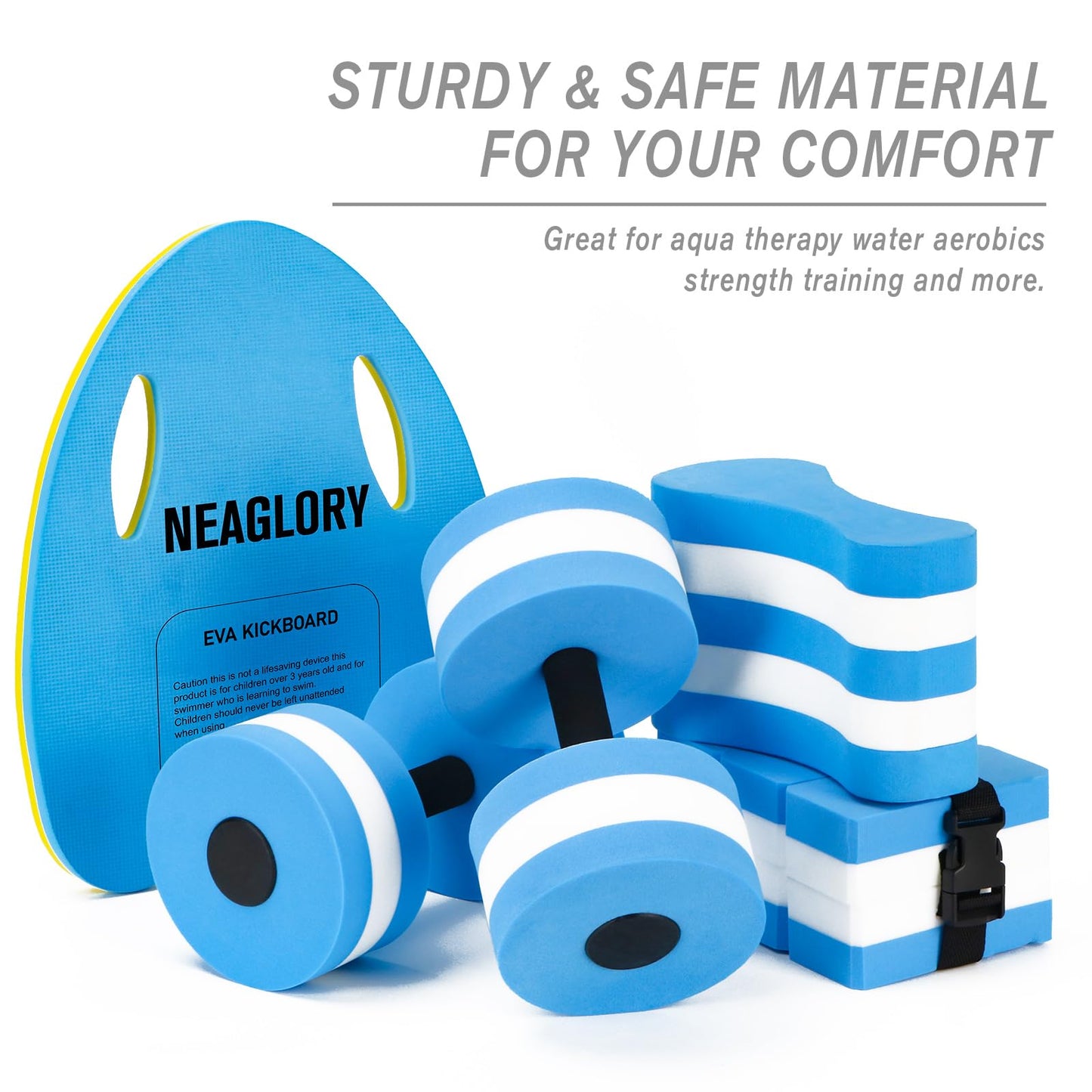 NEAGLORY 5 Pieces Water Aerobics Set Aquatic Exercise Set Pool Fitness Equipment Foam Water Dumbbell, Swim Kickboard, Pull Buoy, Aquatic Swim Belt for Water Exercise, Blue
