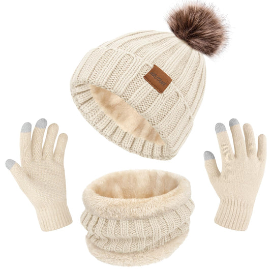 3 Pcs Winter Hat Scarf and Gloves Set for Women, Warm Knit Fleece Lined Beanies Neck Warmer Touchscreen Gloves, Stripe 02- Beige