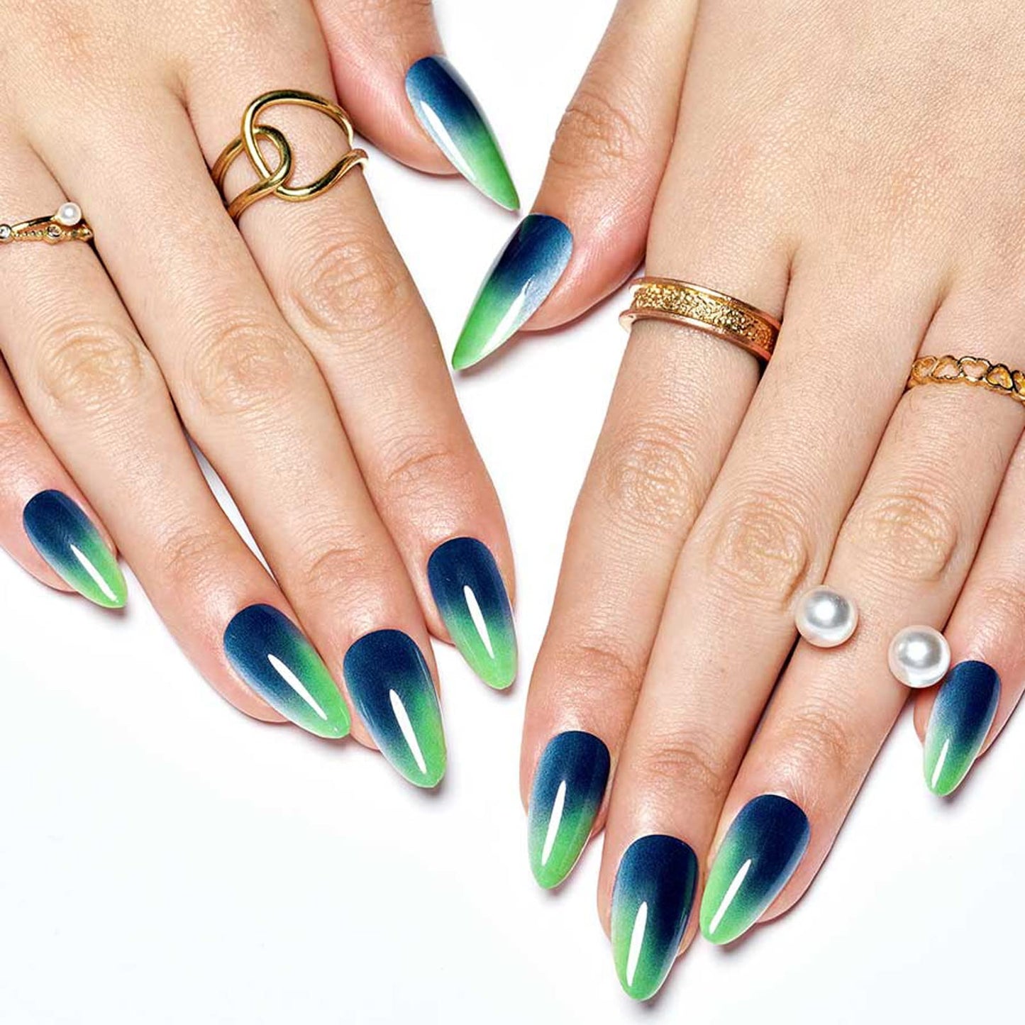 GLAMERMAID Press on Nails Medium Almond, Handmade Green Ombre Gel Glue on Nail, 24Pcs Glossy Short Stiletto Reusable UV Finish Fake Nails Acrylic False Nails Manicure Kits for Women