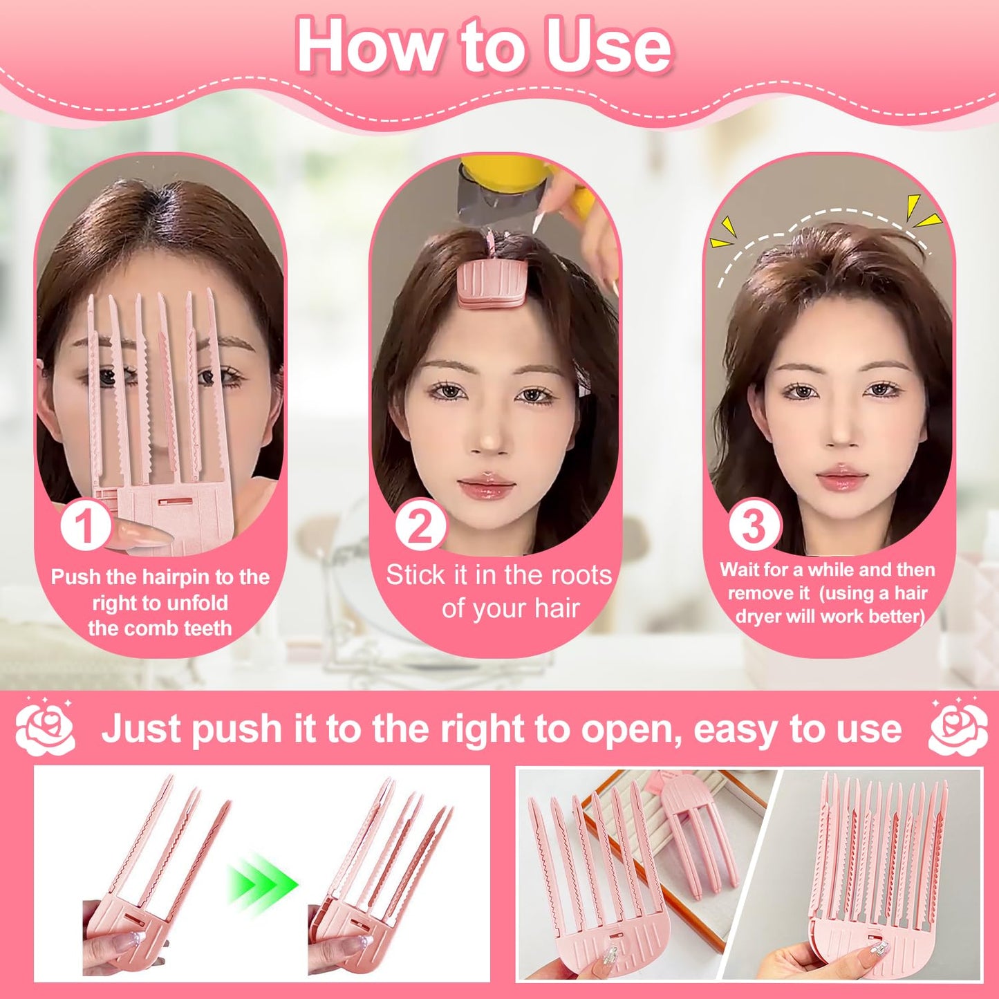 2PCS Volumizing Hair Root Clips for Fluffy Bangs, Wind Shaping Comb for Men and Women,No Crease Hair Lifting Clip for a Natural Puffy Lazy Hairstyle,Easy High Crown Volume Tool (Pink, 3-teeth+6-teeth)