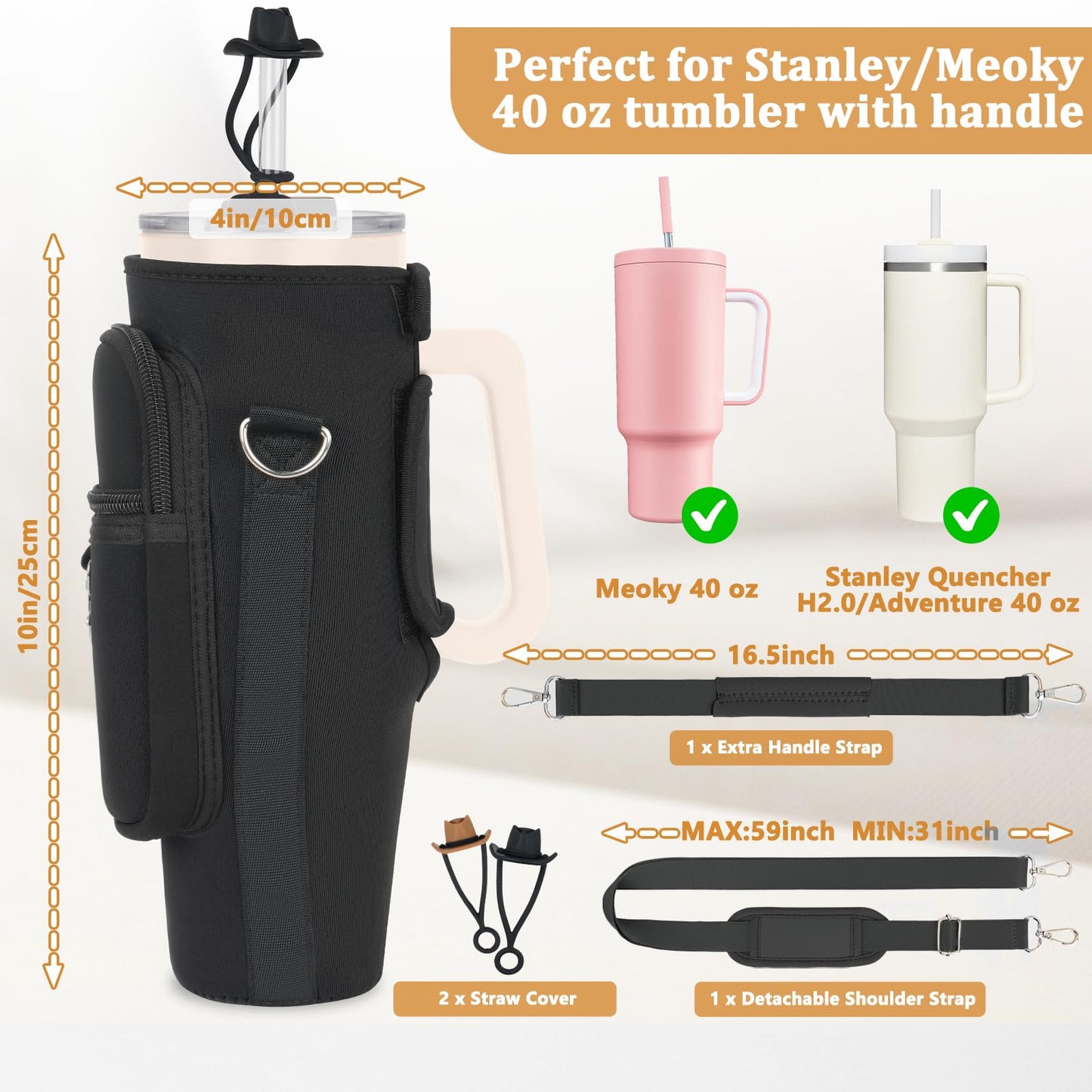 Water Bottle Carrier Bag with Phone Pocket and 2 Straw Covers Compatible with Stanley/Meoky/BrüMate 40 oz Tumbler with Handle,Water Bottle Holder with Adjustable Strap Fits for Stanley Cup Accessories