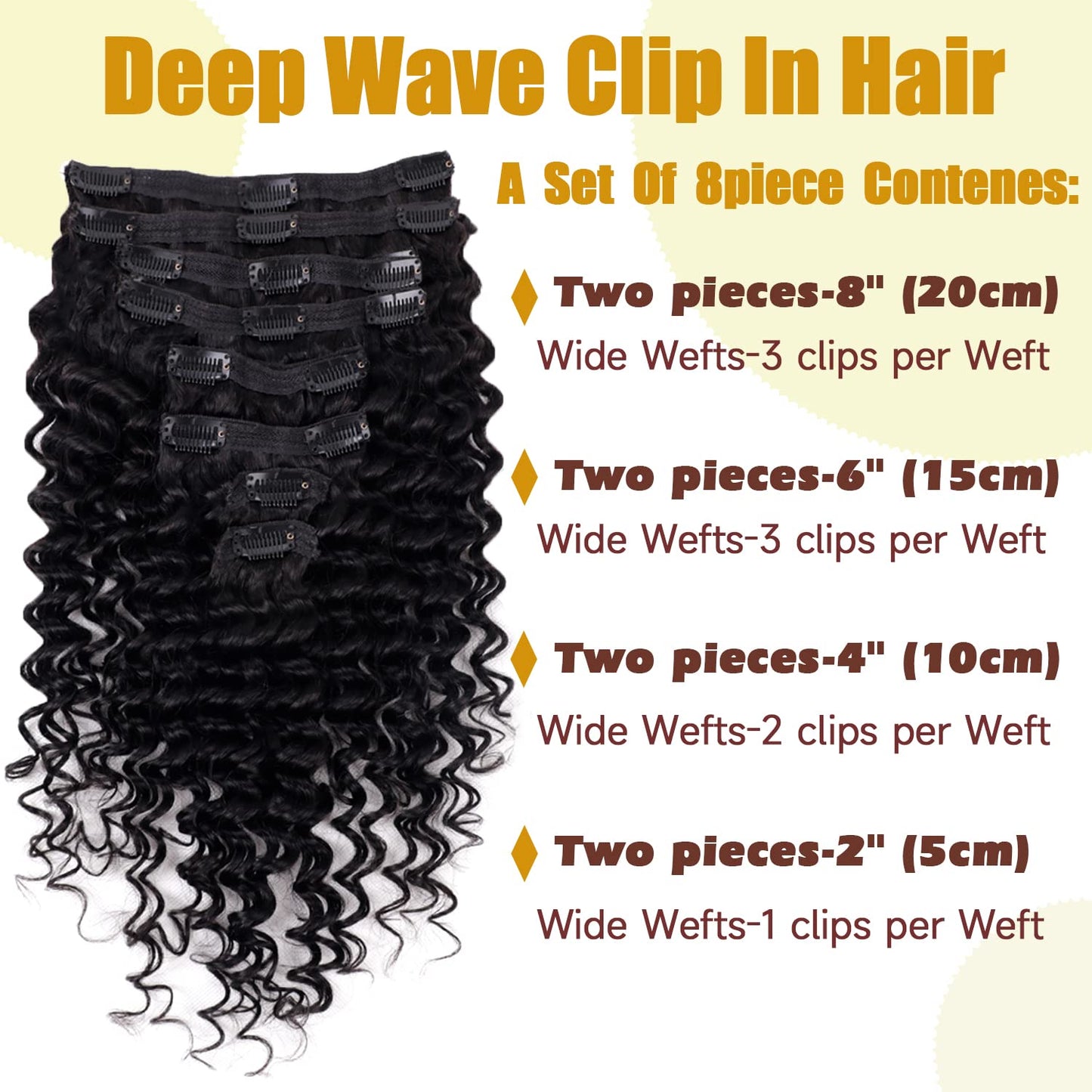 Tahikie Deep Wave Clip ins Human Hair Extensions for Women 8Pcs Deep Wave Clip in Hair Extensions Real Human Hair Thick to Ends with 18Clips Double Weft 120g (14 inch, #Natural Color)