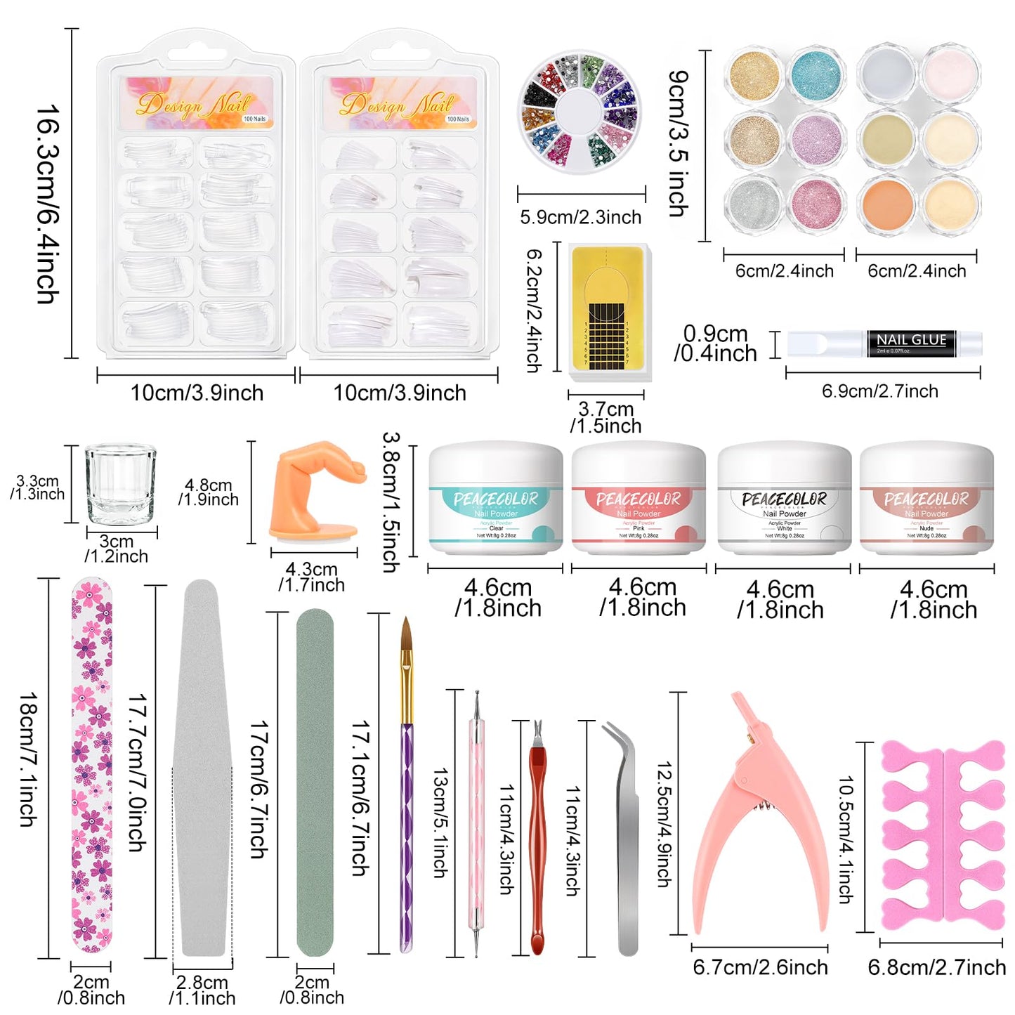 Acrylic Nail Kit for Beginners 4Pcs Acrylic Powder 12 Candy Color Glitter Powder Professional Nail Kit Acrylic Set Nail Art Rhinestones 200Pcs Nail Tips Full Nail Supplies DIY Home