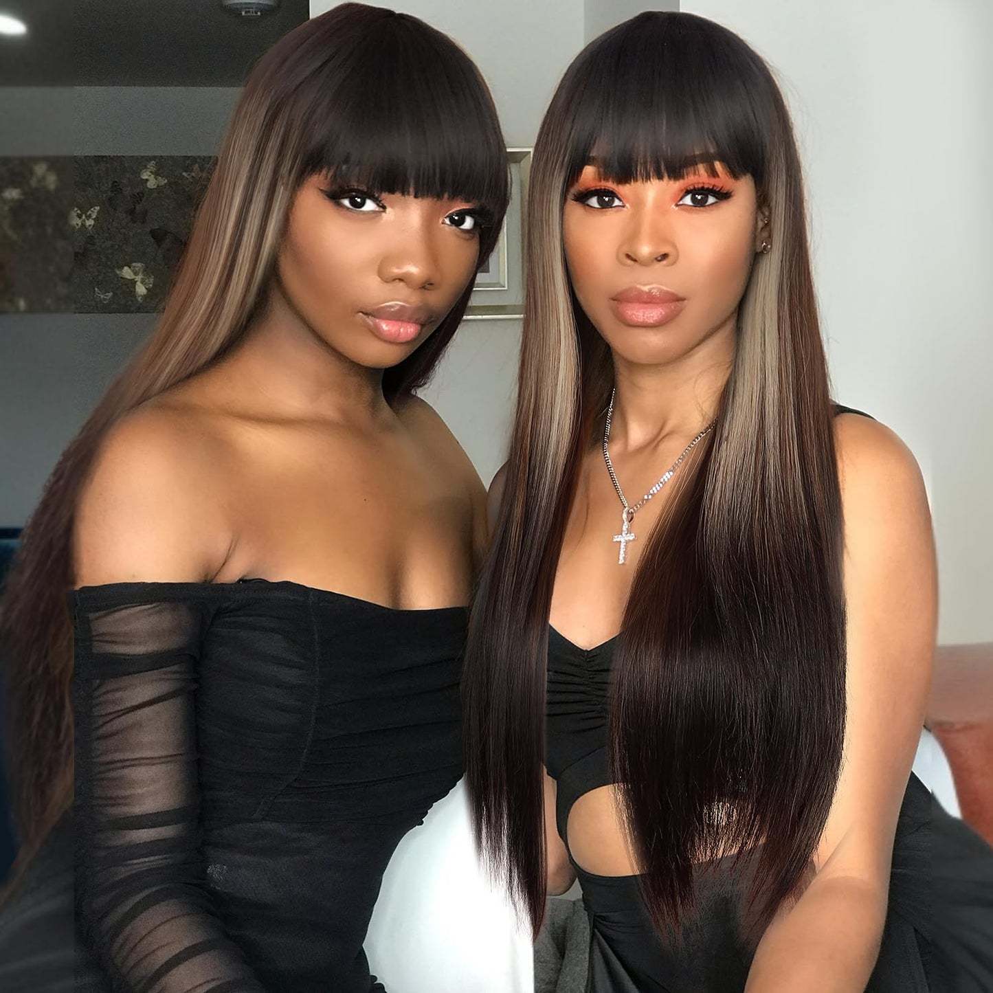 WIGER Straight Dark Brown Wigs with Bangs for Women Highlighted Ombre Long Straight Hair Wig Black-Blonde-Brown Long Wigs with Highlights Middle Part Synthetic Three-tone Hair For Party or Daily
