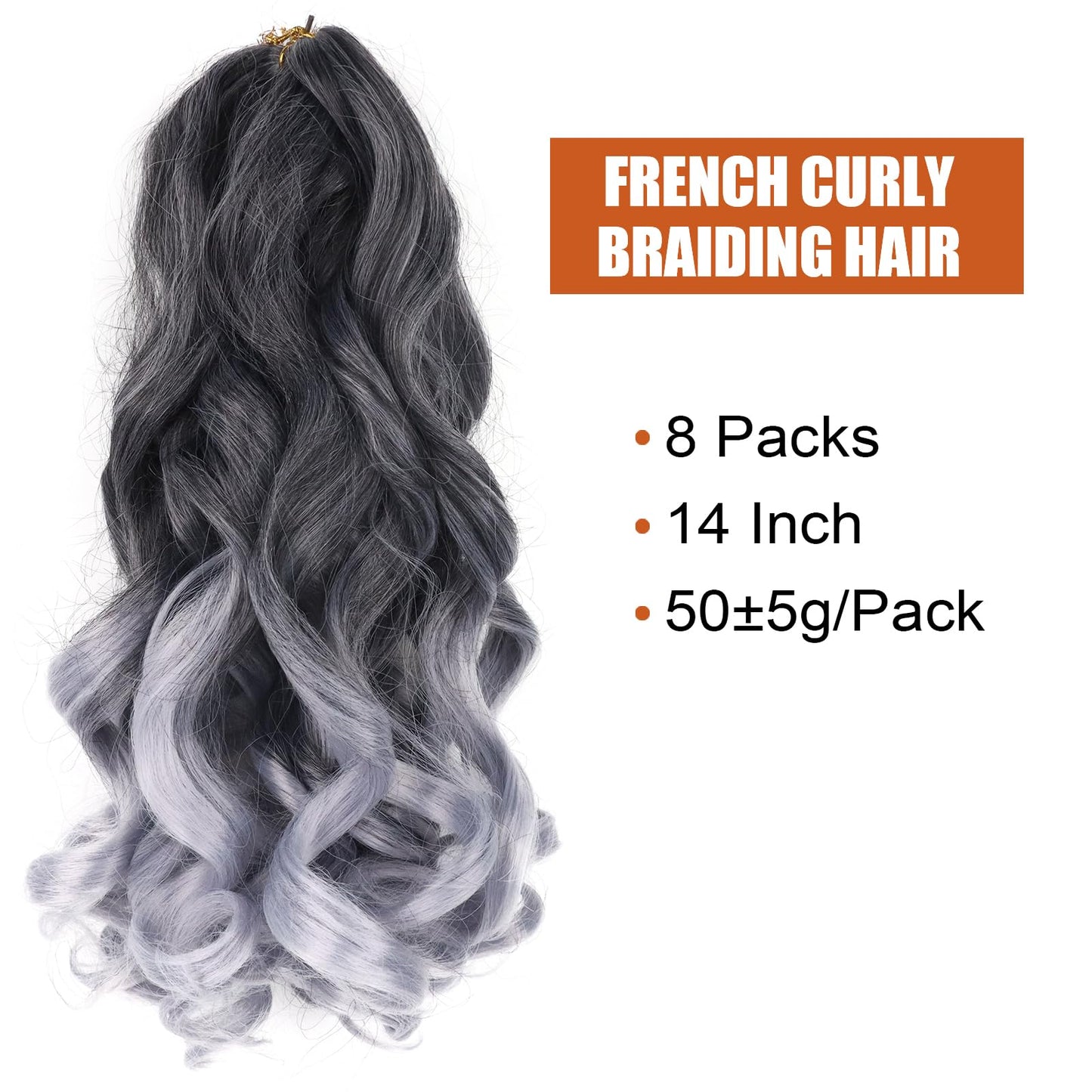 French Curly Braiding Hair 14 Inch 8 Packs Curly Braiding Hair Pre Stretched for Goddess Braids French Curls Braiding Hair With Curly Ends French Curl Crochet Hair for Black Women(T/Gray)