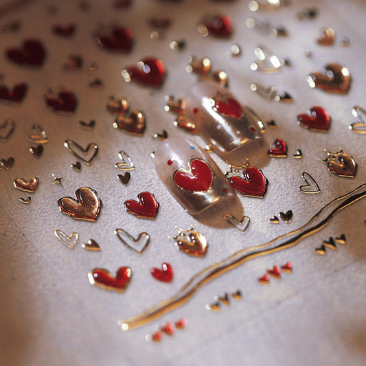 5D Embossed Spring Heart Nail Stickers - Red and Gold Self-Adhesive Love Decals for Valentine's Day - DIY Manicure Nail Art Supplies for Women and Girls