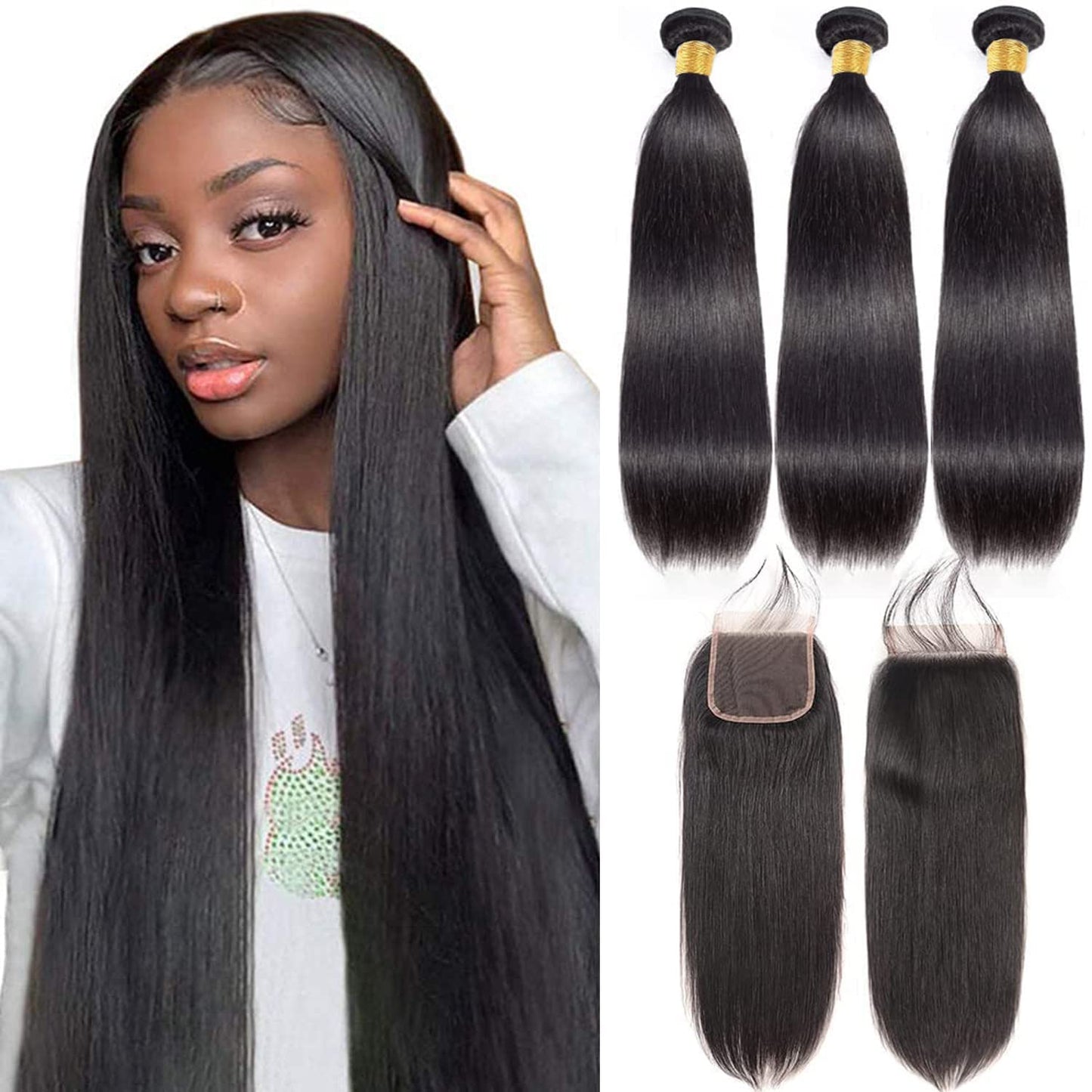 10A Straight Bundles with Closure Human Hair (18 20 22+16) Brazilian Human Hair Bundles with Closure 100% Unprocessed Virgin Remy Hair Weave 3 Bundles with Closure HD Lace 4x4 Free Part Natural Color