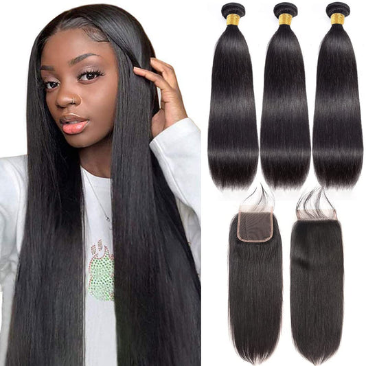 10A Straight Bundles with Closure Human Hair (18 20 22+16) Brazilian Human Hair Bundles with Closure 100% Unprocessed Virgin Remy Hair Weave 3 Bundles with Closure HD Lace 4x4 Free Part Natural Color
