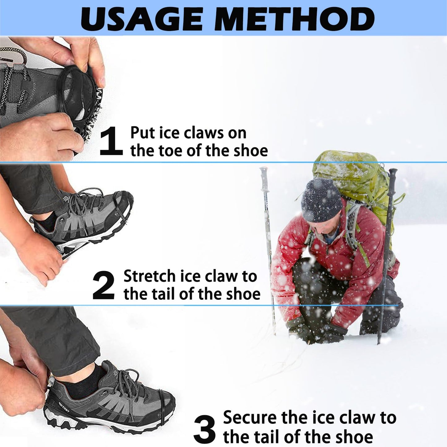 2 Pairs Ice Cleats for Shoes and Boots,Universal 8 Steel Studs Crampon Ice & Snow Grippers for Winter Hiking Climbing Ice Fishing,Anti-Slip Spikes for Shoes