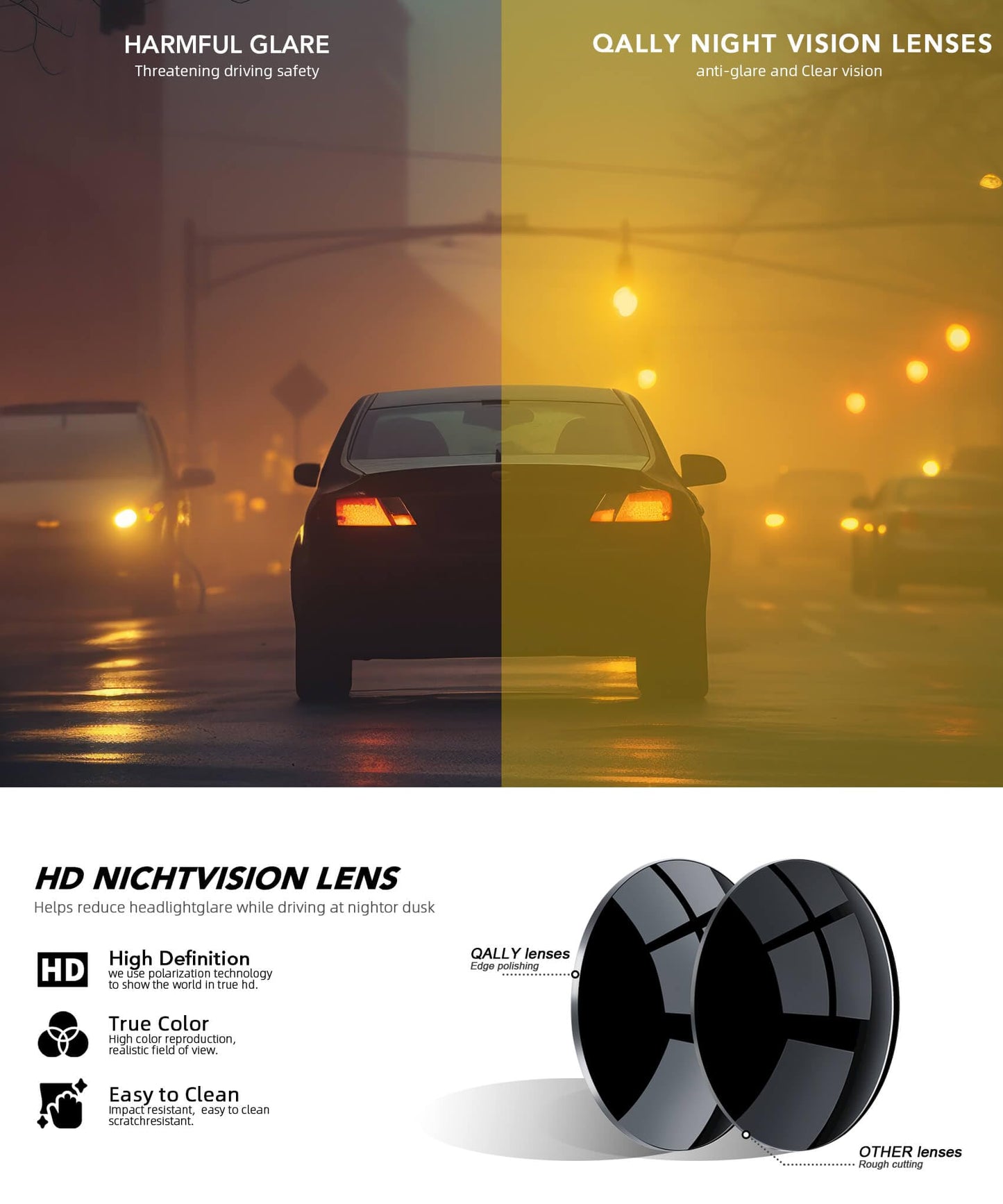 QALLY Night Vision Glasses Men, Night Driving Glasses for Men Lightweight Anti Glare for Driving