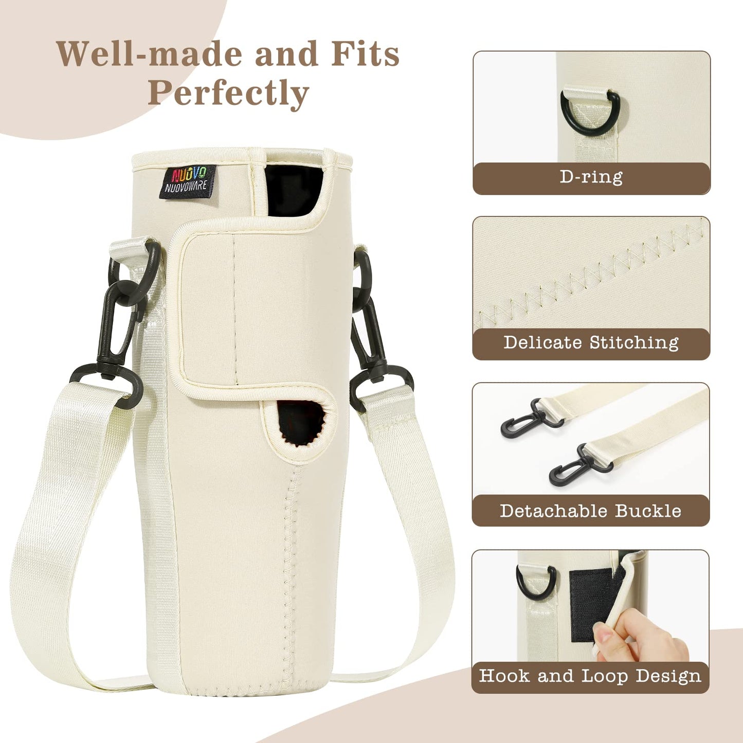Nuovoware Water Bottle Carrier Bag Fits Stanley 40 Oz Tumbler with Handle, Bottle Bag with Adjustable Shoulder Strap, Neoprene Bottle Holder for Stanley Water Bottle Accessories, Milk White
