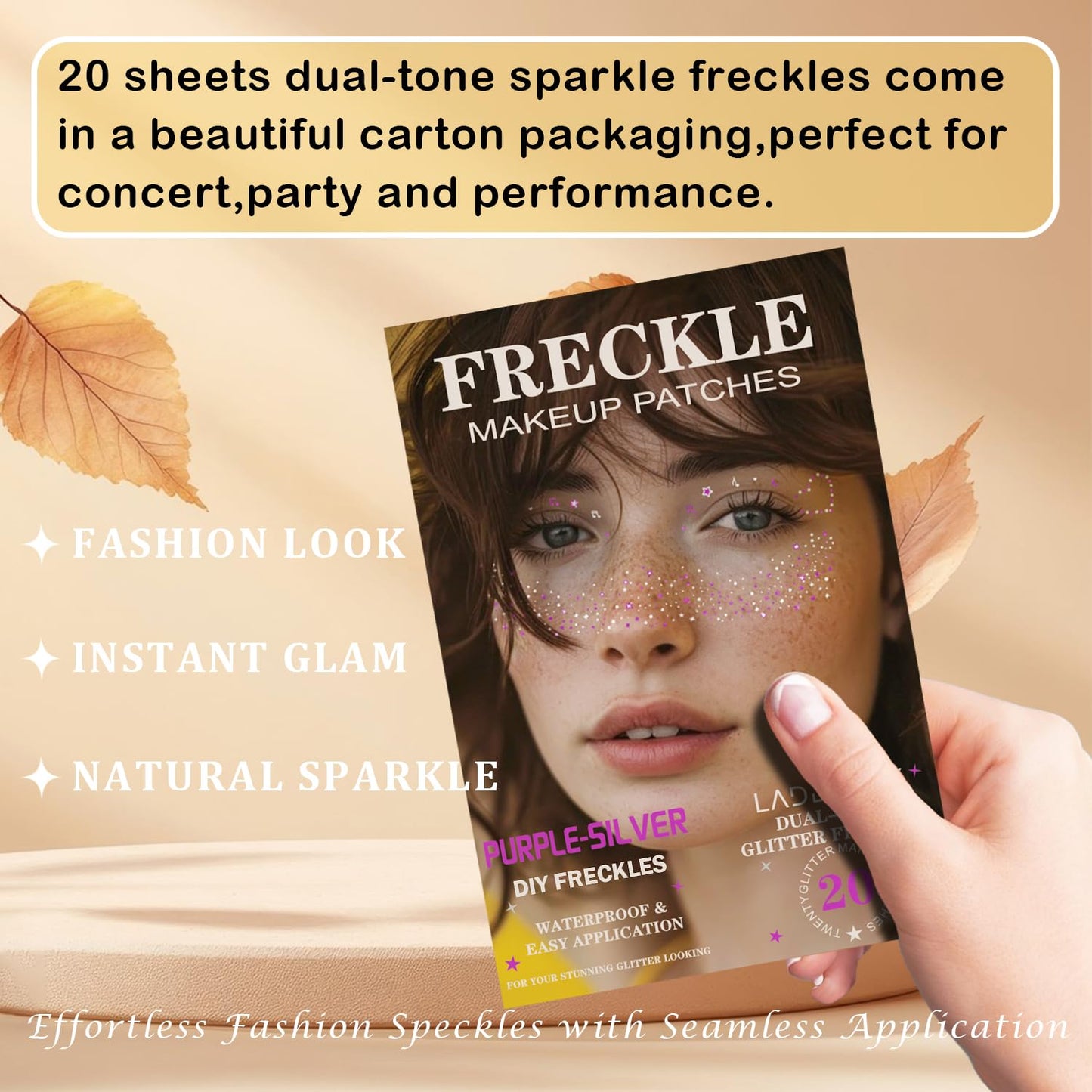 20 Pcs Dual-tone Face Makeup Patches, Purple-silver Glitter Freckles, Glitter Freckles Face Tattoo, Waterproof Face Sparkle Freckles, Long-Lasting 48h Freckles for Women (Purple-silver)