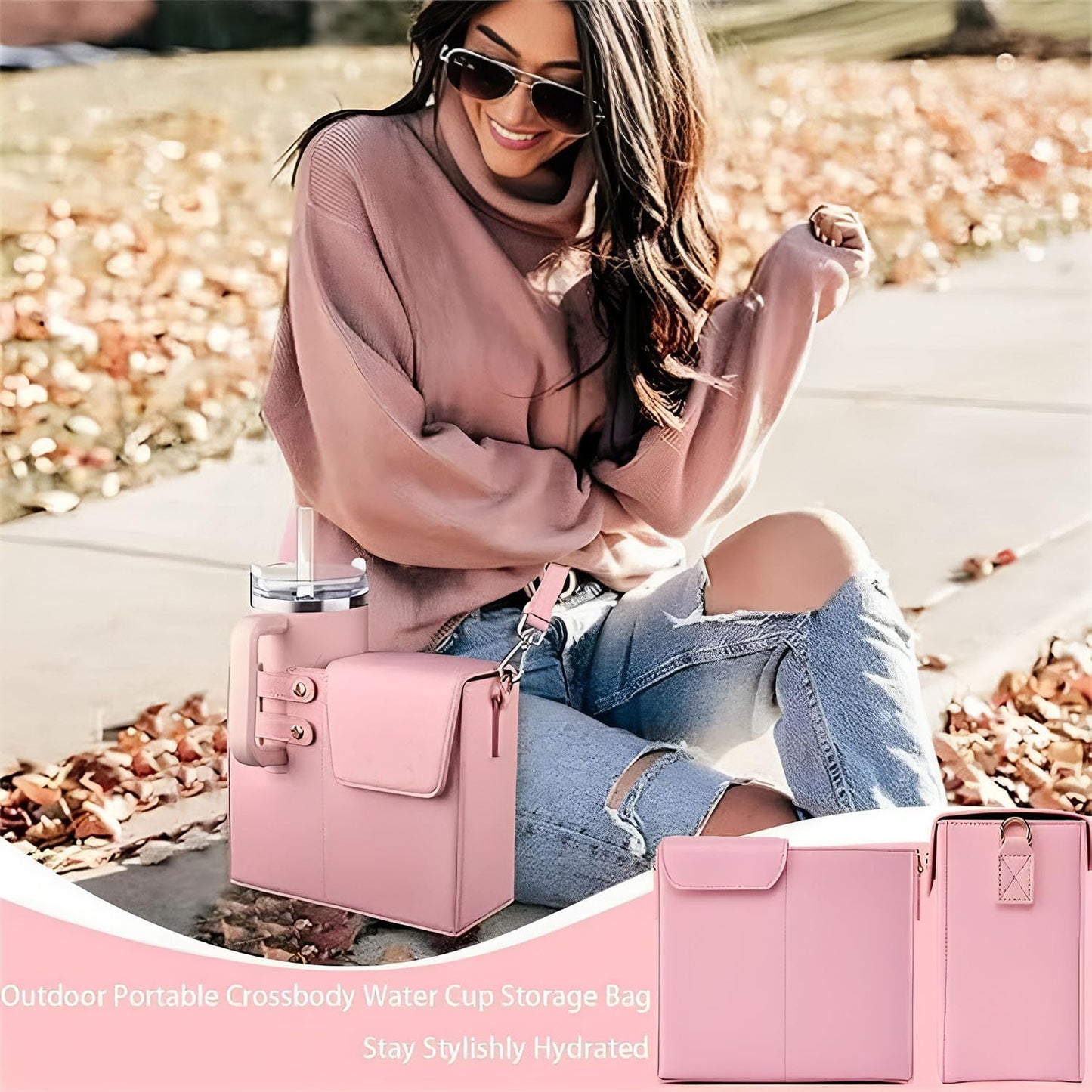 Outdoor Portable Crossbody Water Cup Storage Bag,Crossbody Cup Holder Bag,Crossbody Bag With Water Bottle Holder,for Stanley Purse Cup Holder Bag,Leather Water Bottle Bag With Adjustable Strap (Pink)