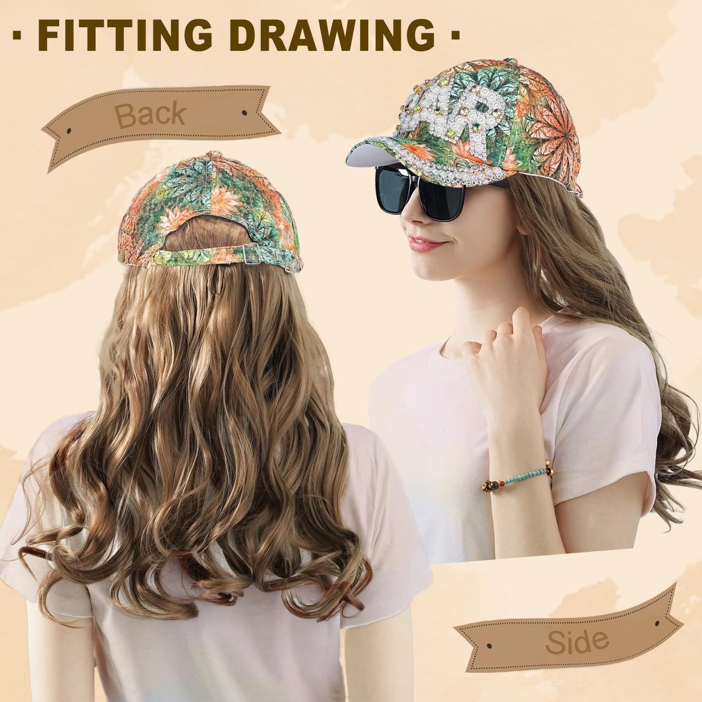 SUNBORRY Hat Wig for Women Baseball Cap with Hair hat with hair attached for women Extensions Adjustable Hat Attached 29" Long Wavy Hairpieces Synthetic Wig
