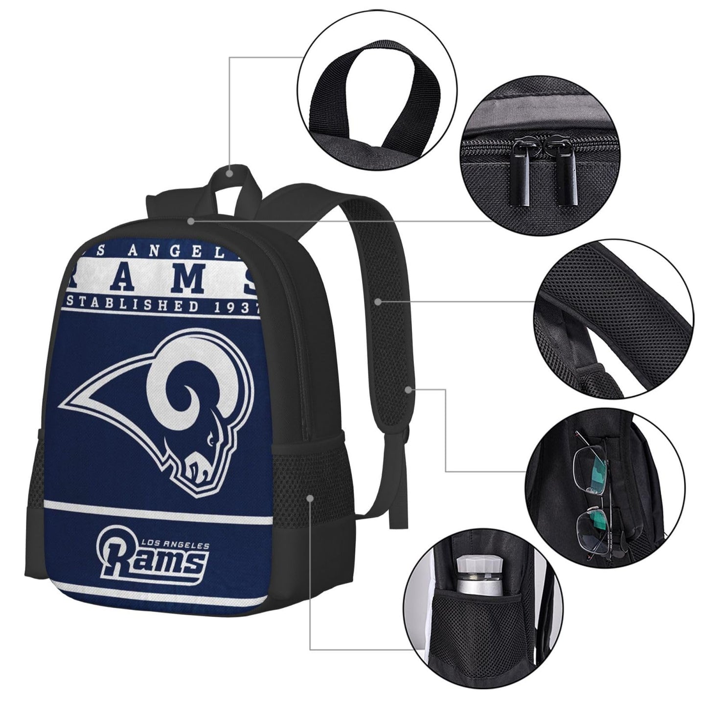 EWLTFM Football Team Backpack Blue Rams Team Logo Pattern Backpack Lightweight Large Capacity Laptop Backpack Casual Sport Travel Backpack Football Fans Gift Unisex, 17 In