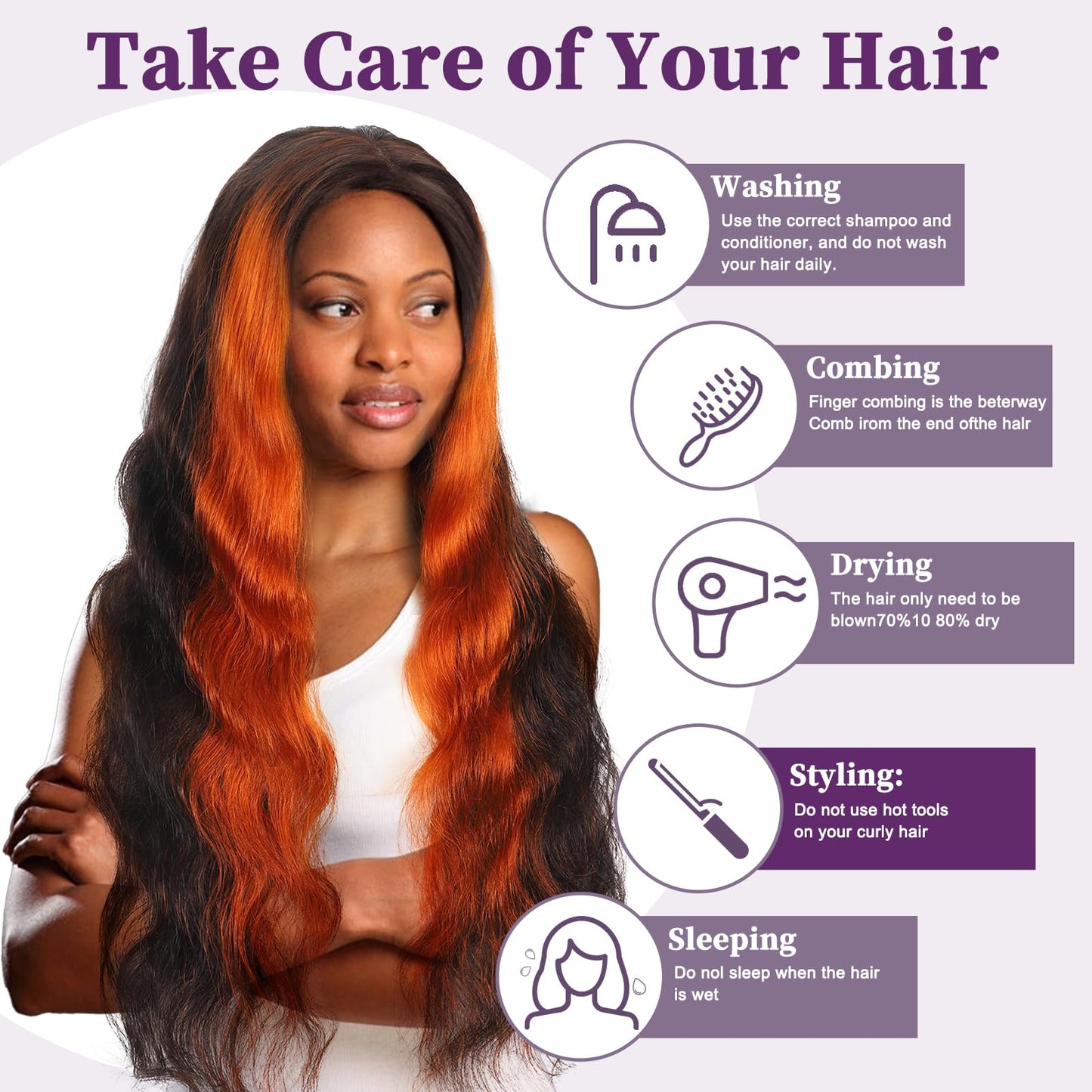 13x6 Ginger Orange Lace Frontal Wigs Body Wave Highlight Ombre Colored Human Hair 13x6 HD Transparent lace wigs Pre-plucked With Baby Hair 200% Density Glueless 100% Virgin Human Hair (26inch)