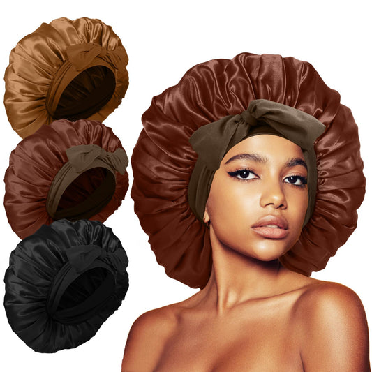 3Pcs Jumbo Bonnet for Sleeping, Silk Satin Hair Bonnets with Tie Band for Curly Hair Braids showercap…