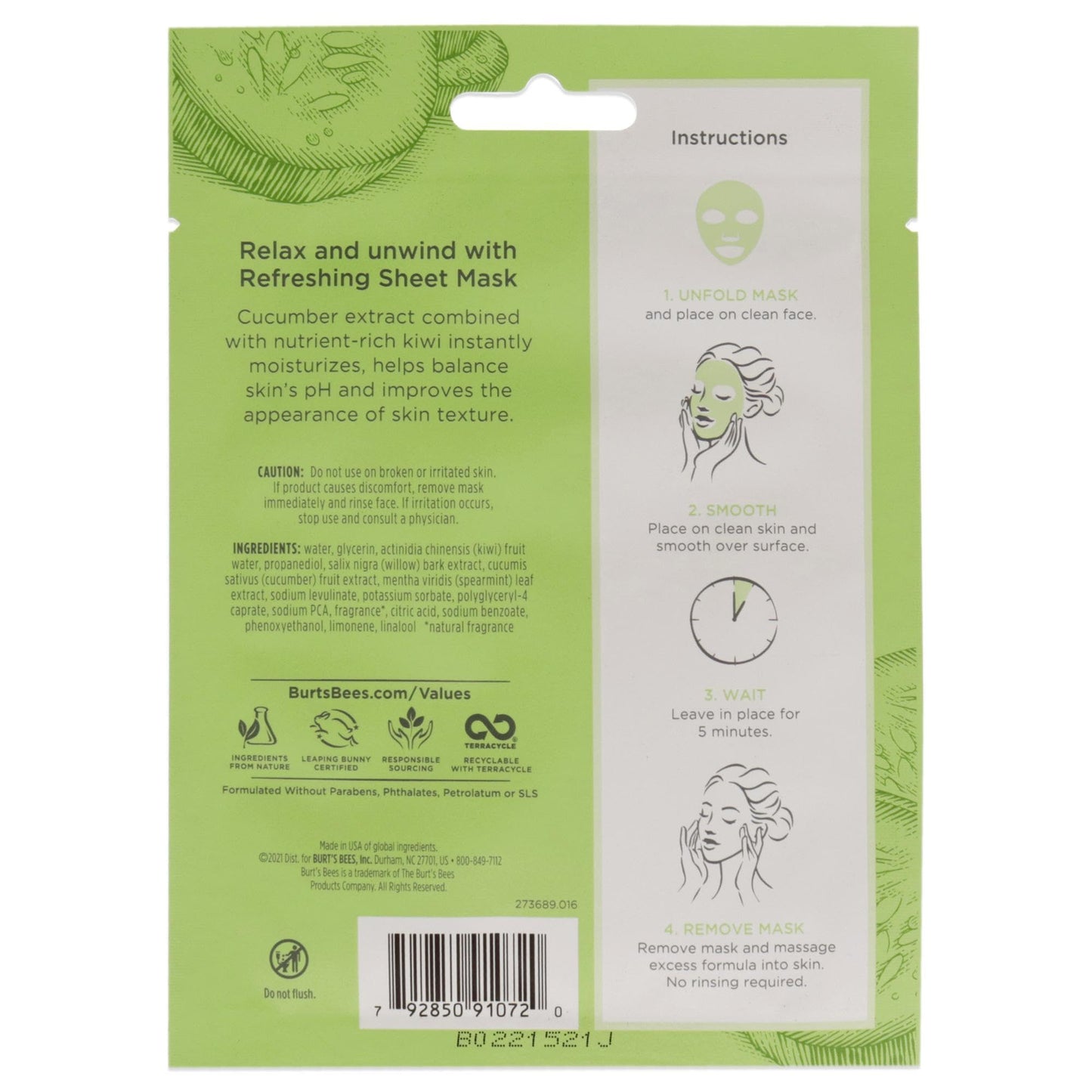Burt's Bees Refreshing Sheet Mask - Cucumber Unisex 1 Pc, (60192) (Pack of 2)