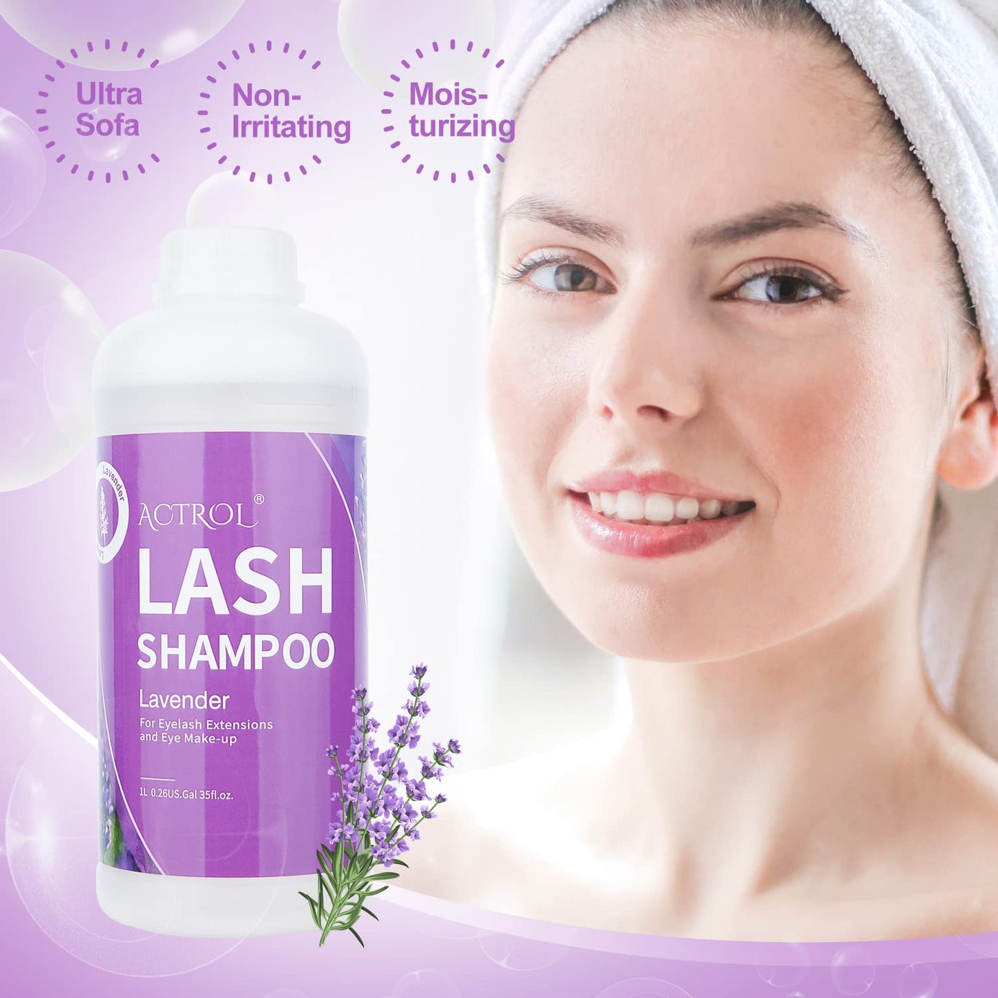 ACTROL Eyelash Extension Cleanser Lavender 1L Natural Lash Extension Shampoo Professional Eyelid Foaming Cleanser Paraben & Sulfate Free Non-lrritating with Salon and Home Care