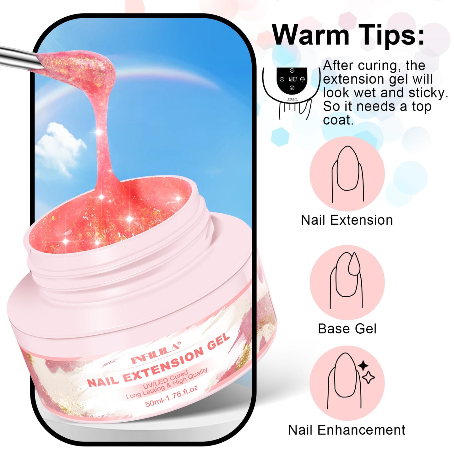 NXJ INFILILA Glitter Poly Nail Gel, Hot Pink Colors Poly Extension Gel Nail Enhancement, Thickening Glossy Builder Home DIY Salon Use for Girls UV/LED Nail Lamp Required P11