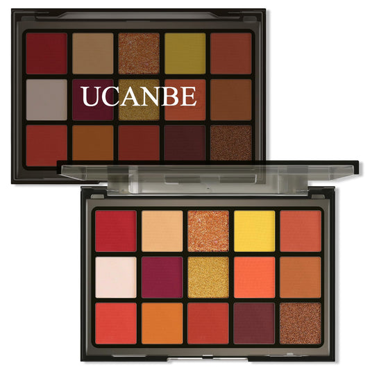 UCANBE Orange Eyeshadow Makeup Palette, 15 Colors Vibrant Shimmer Matte Glitter Eye Shadow Pallet, High Pigmented Warm Yellow Sunset Red Coral for Fall Cosplay Halloween Costume Parties Pumpkin Makeup
