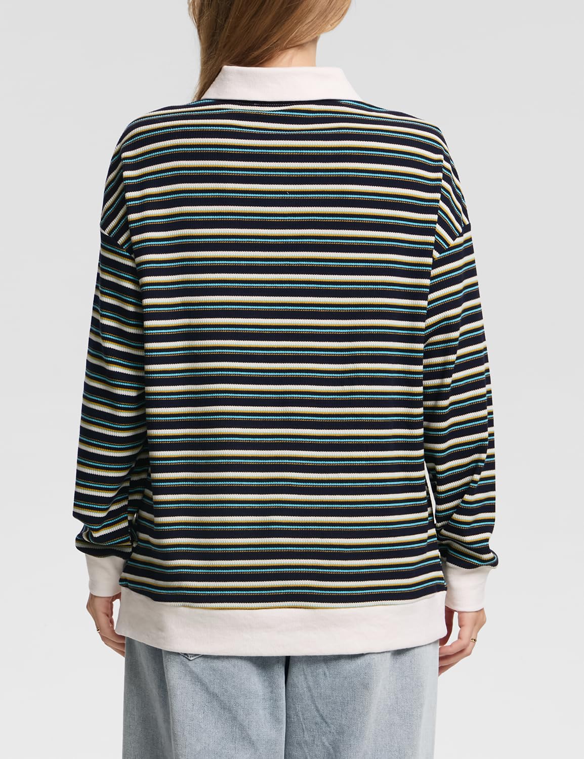 WIHOLL Womens Sweatshirts Colorblock Striped Fall Outfits Long Sleeve Polo Button Shirts 2024 Fashion Soft Winter Lightweight Tunic Tops Navy Small