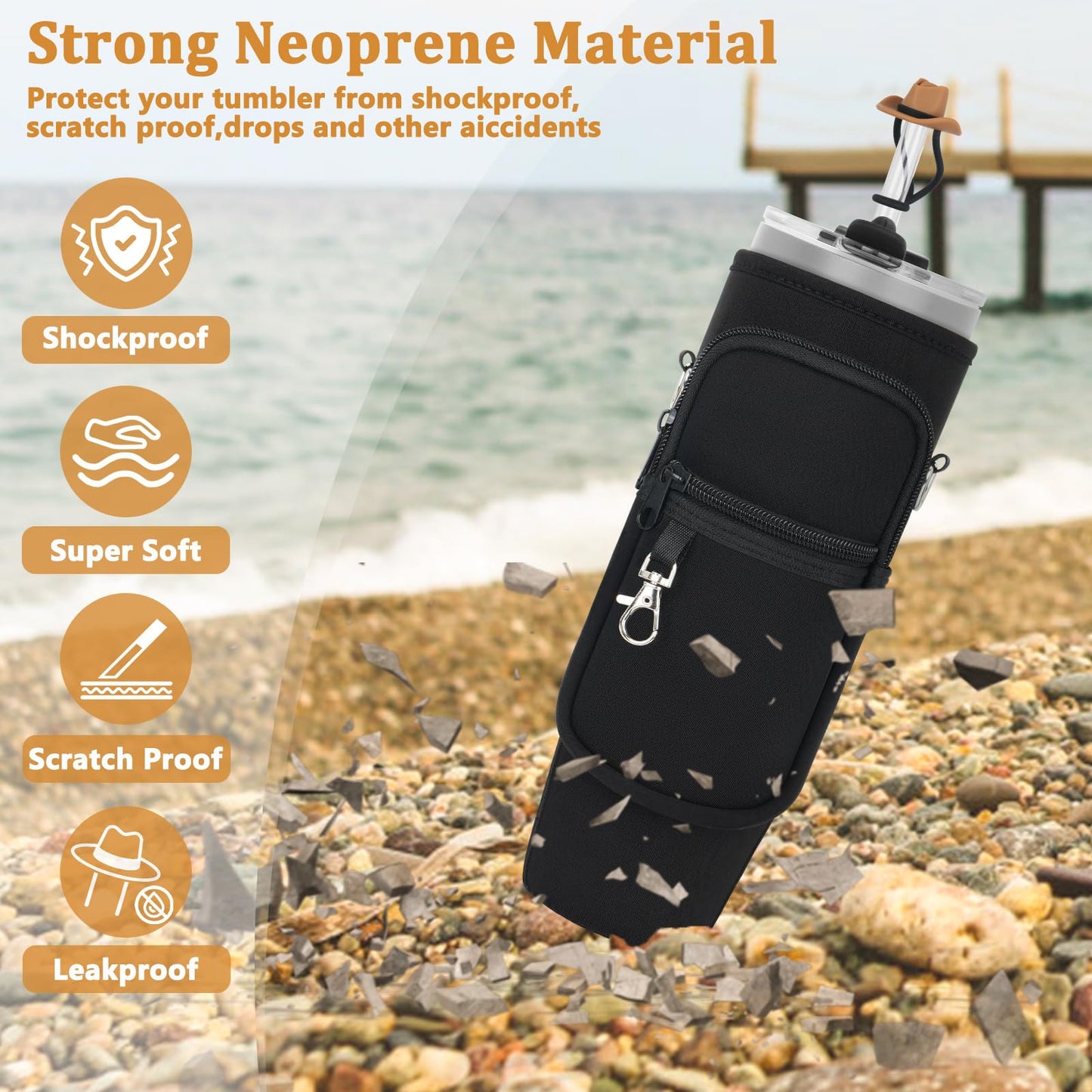 Water Bottle Carrier Bag with Phone Pocket and 2 Straw Covers Compatible with Stanley/Meoky/BrüMate 40 oz Tumbler with Handle,Water Bottle Holder with Adjustable Strap Fits for Stanley Cup Accessories