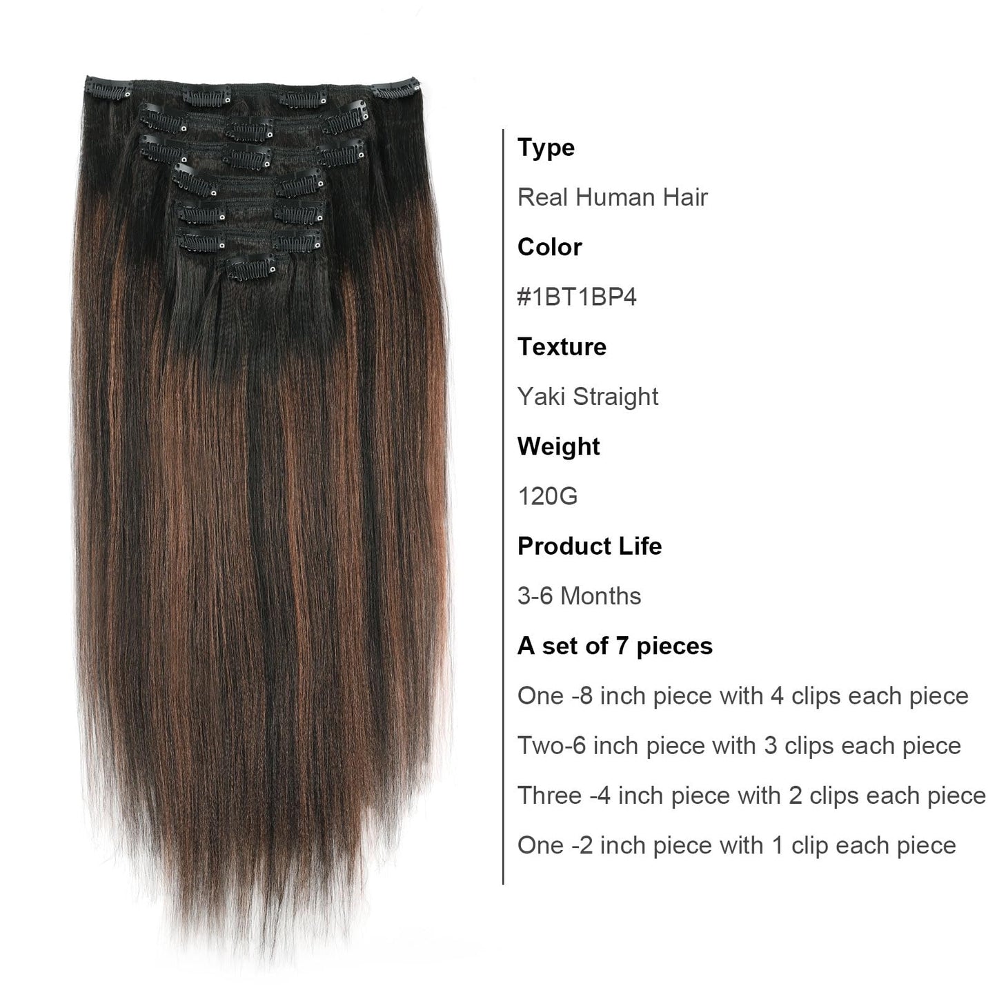 ABH AMAZINGBEAUTY HAIR Yaki Straight Clip in Hair Extensions Real Human Hair Rooted Black Piano Natural Black #1B Mixed With Chocolate Brown #4 Two Tone Light Yaki Clip ins for Black Women 18inch 120G