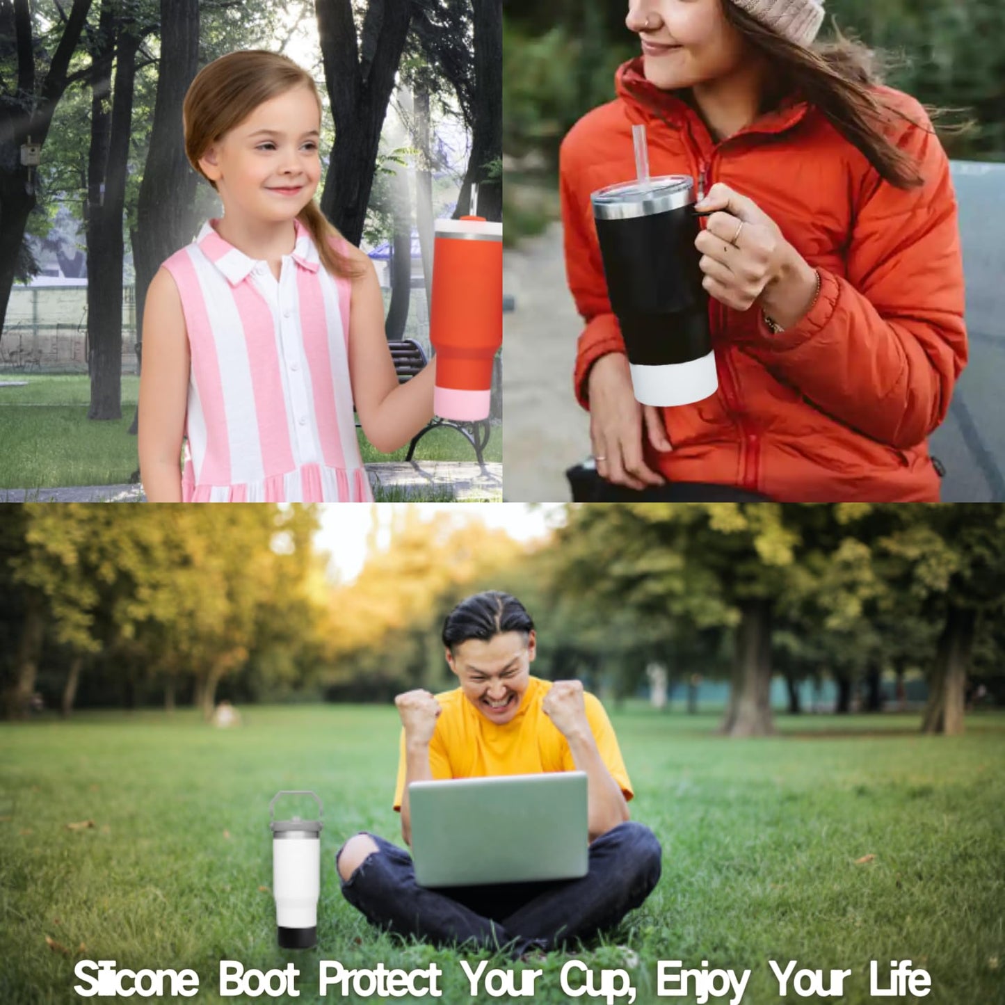 LONPARRY 4-Pack Silicone Boot for Stanley Cup Quencher IceFlow Rubber Bottom Sleeve Protector for Stanley Tumbler HydroFlask Car Travel Cup Bottle Bottom (Black+Lemon+Coral Red+Orange)