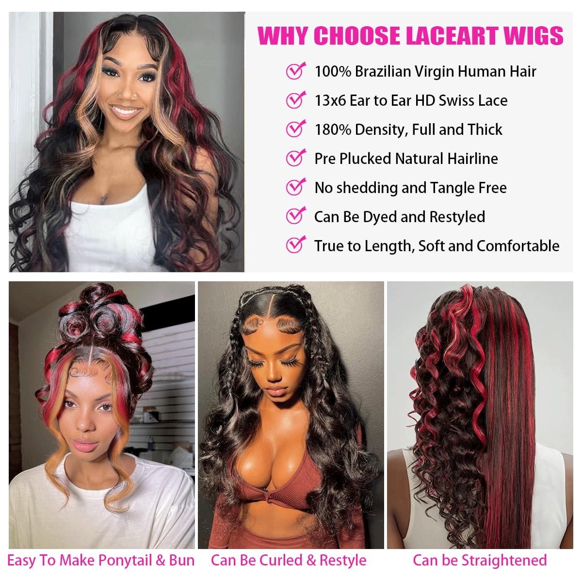 200% Density Glueless Wig Black Red Blonde Wig red and blonde highlight wig human hair Body Wave Lace Front Wigs Human Hair 13X6 Lace Front Human Hair Wigs Pre Plucked with Baby Hair 28 Inch