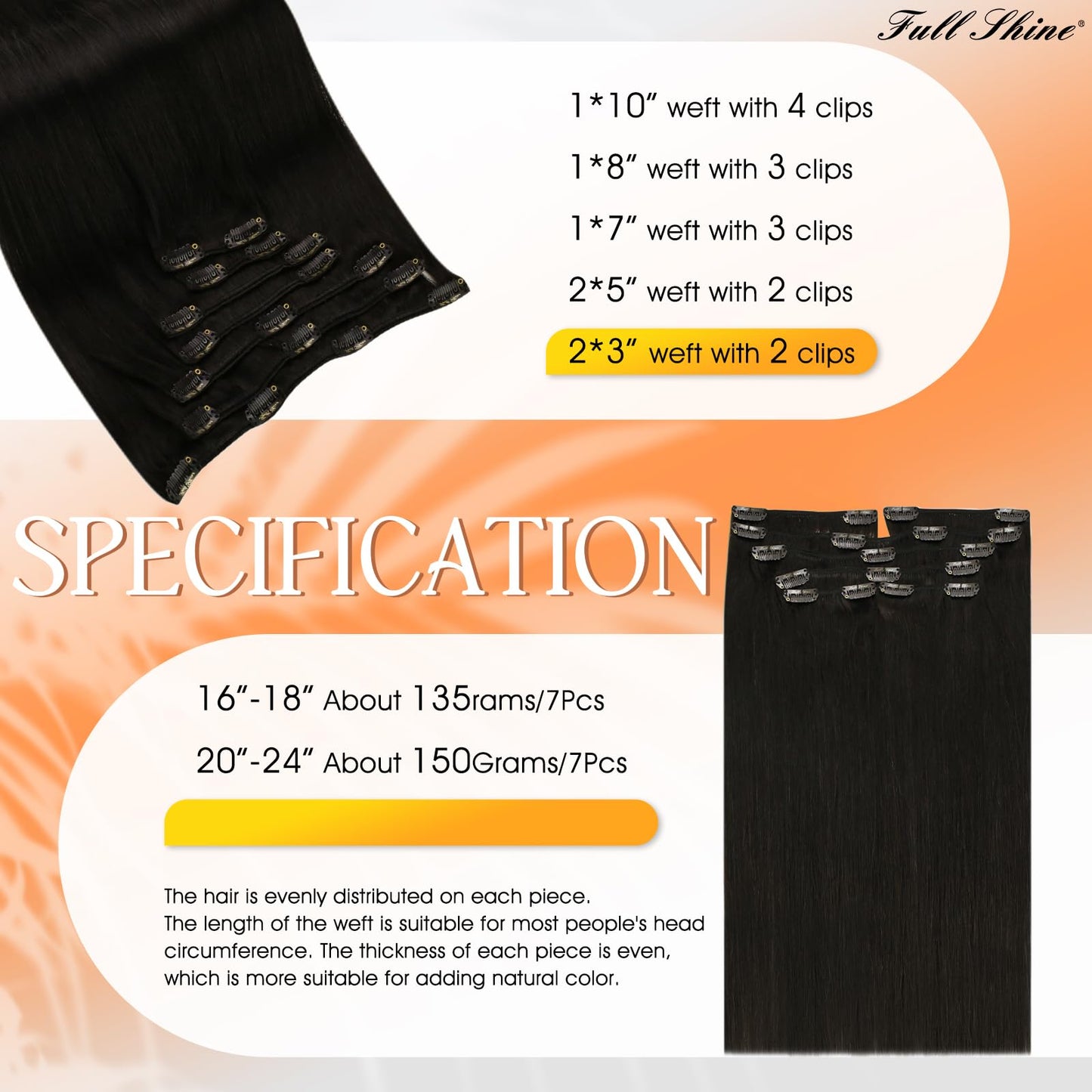 Full Shine Clip in Hair Extensions Real Human Hair Black Thick Human Hair Clip in Extensions Black Clip in Hair Extensions Black Women Full Head Extra Volume 16 Inch 7 Pcs 135 G
