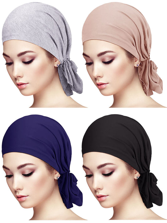 4 Pieces Slip-On Pre-Tied Head Scarves Women Headwear Turban Beanie Caps Head Wrap Headscarf for Women(Grey, Camel, Navy Blue, Black)