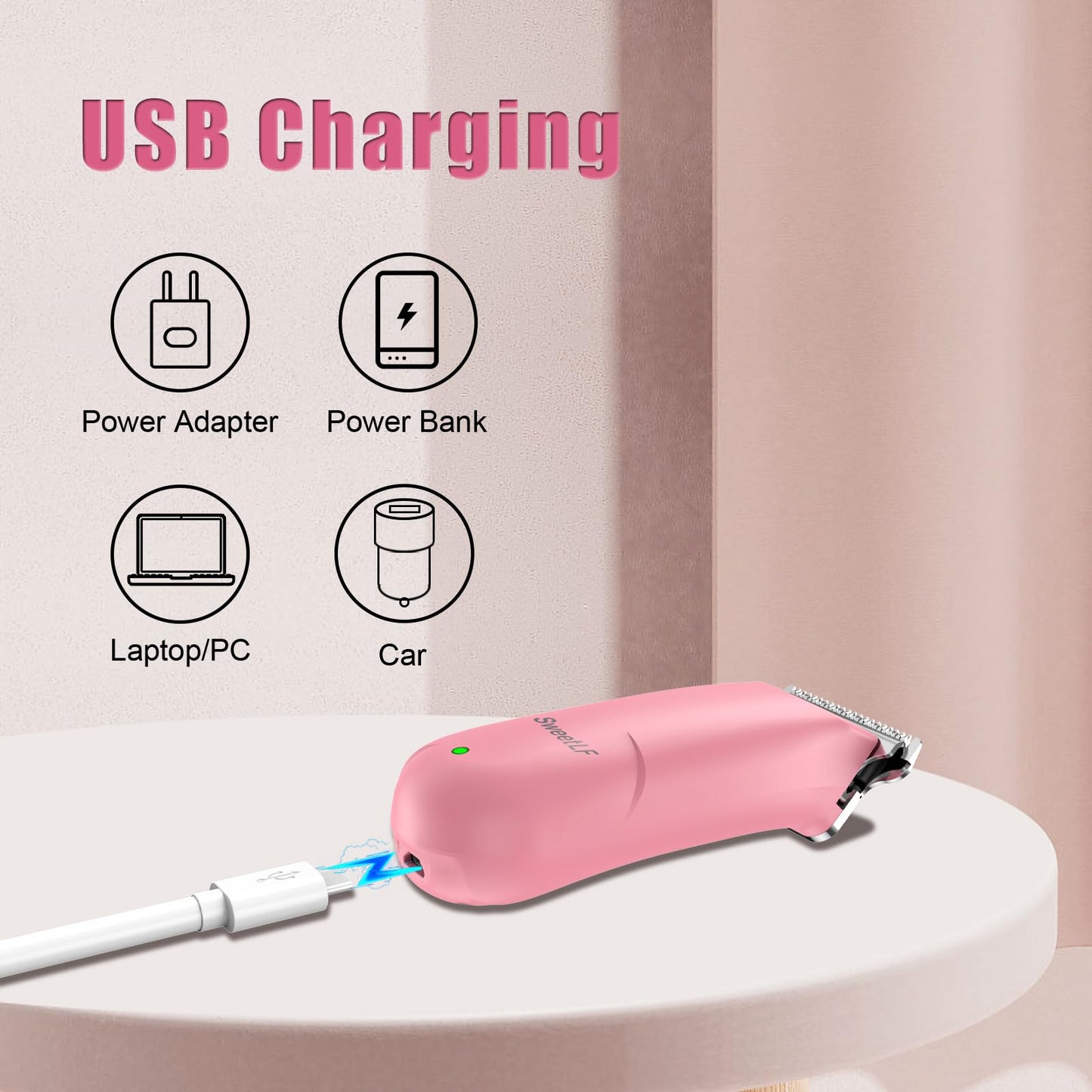 SweetLF Hair Trimmer, Mini Hair Clippers with 3 Guide Combs, USB Rechargeable Portable Hair Clippers for Men Women Baby Pet, Pink