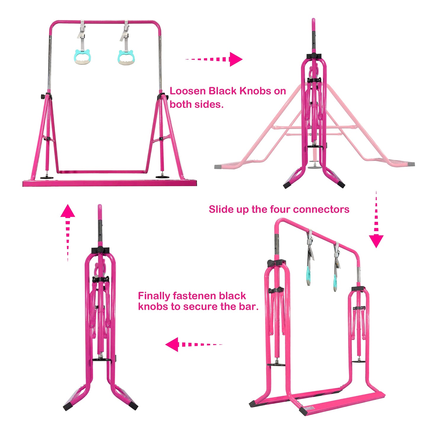 PreGymnastic Updated Folding Gymnastics Bar with Rings, Foldable Kip Bar with Sturdier Base, Gymnasitc Training Bar for Kids Ages 3-10, Gymnastic Horizontal Bars, Home Gym Equipment for Boys Girls