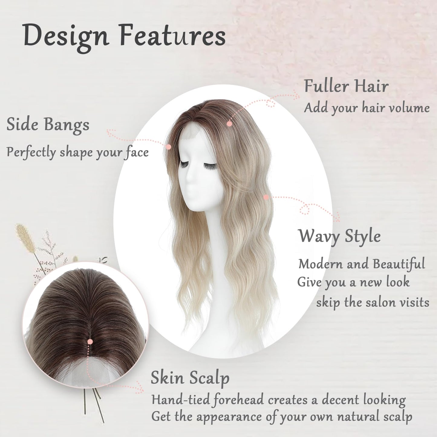 360 3D Wiglet for Women: 20 Inch Curly Hair Topper with Side Bangs, Wavy Hair with Thinning, Ash Blonde Mix Highlights with Brown Root