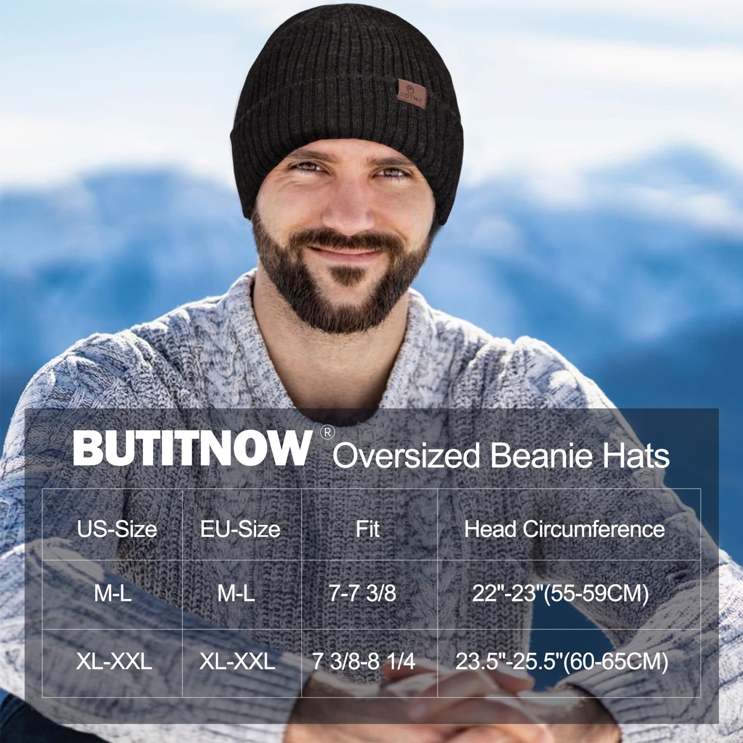 Oversized XL XXL Unisex Merino Wool Beanie with Fleece Lining Cold Weather Winter Hat Big Head Black