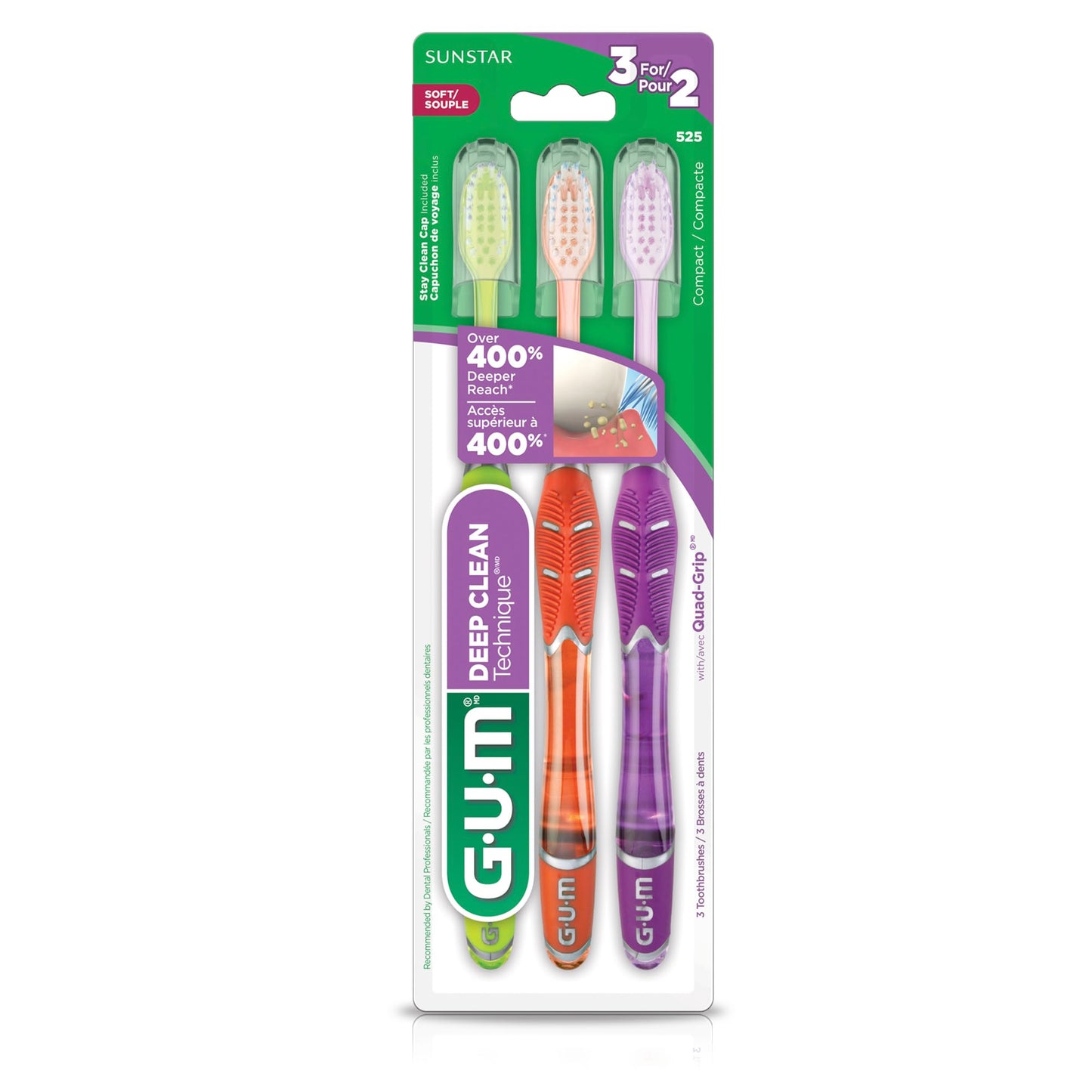 GUM Technique Deep Clean Toothbrush - Compact Head - Soft Toothbrushes for Adults with Sensitive Soft Bristles, 3ct