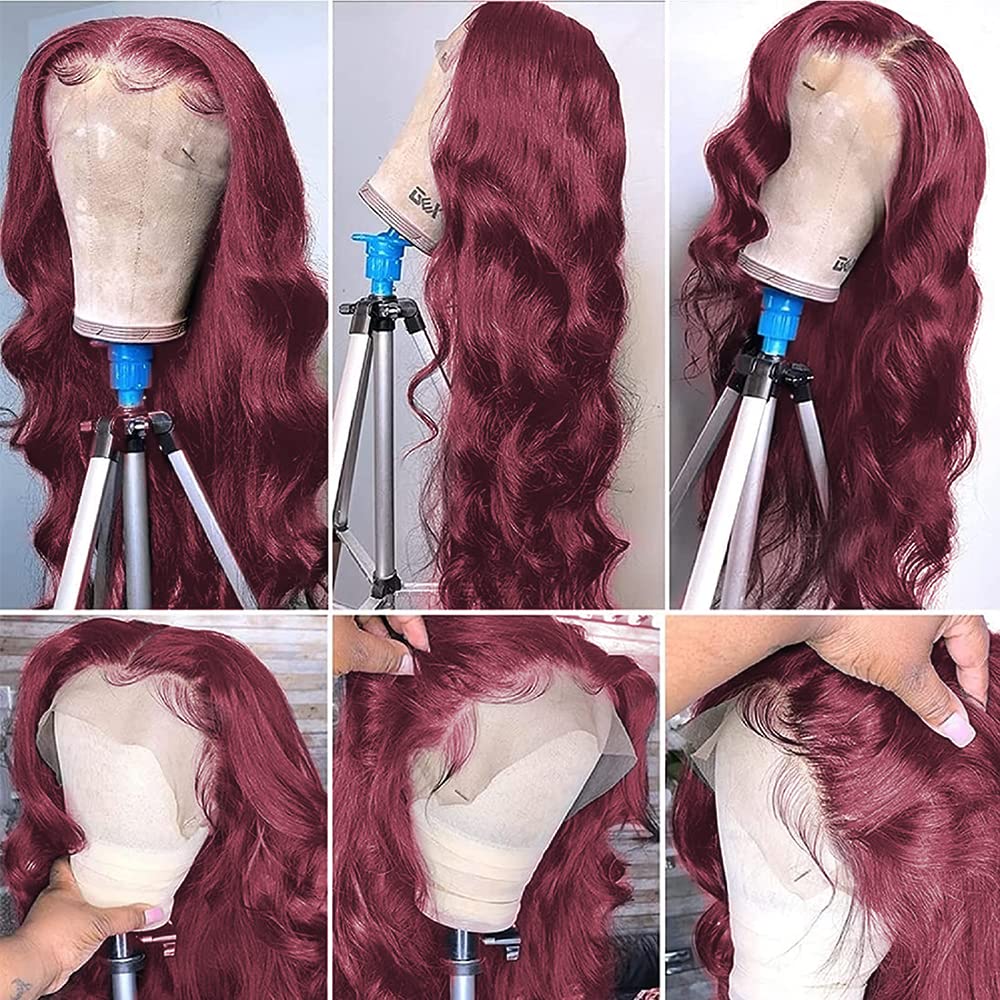 250% Density 32 Inch 99J Burgundy Lace Front Human Hair Wig With Baby Hair Pre Plucked 13x4 Body Wave HD Transparent Lace Frontal for Women Glueless
