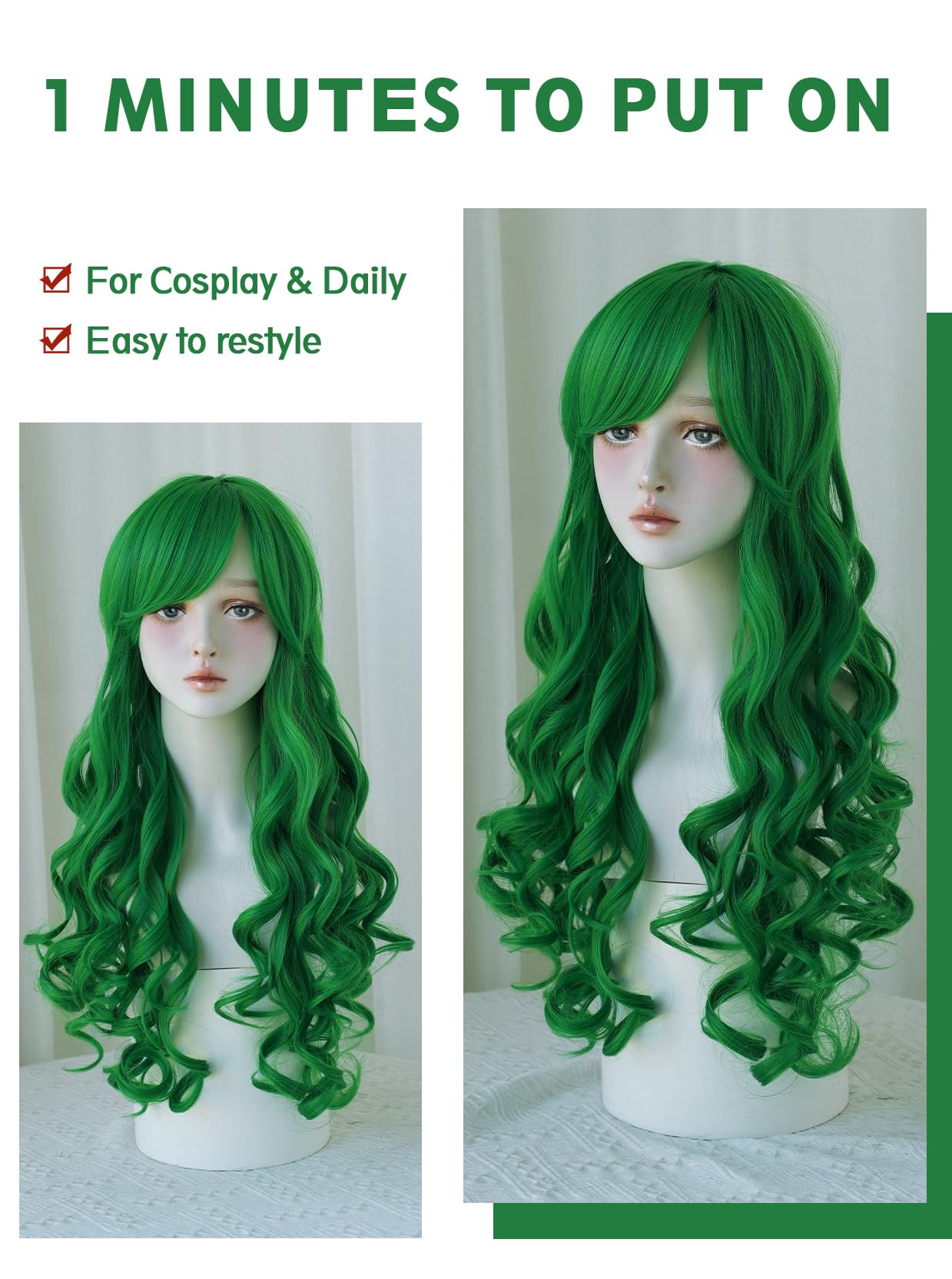 7JHH WIGS Long Wavy Costume Wigs Cosplay Mermaid Green Wig for Women Halloween Party Used High Temperature Heat Resistant Fiber Natural Hairline Cos Wig