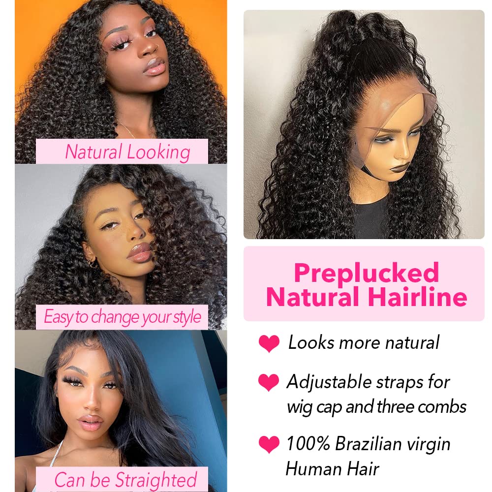 200% Density 13x6 HD Transparent Curly Lace Front Wig Human Hair Pre Plucked Glueless Kinky Curly Lace Front Wig Human Hair Wigs with Baby Hair Bleached Knotsigs For Women(13x6 Lace Front Wig 18 Inch)