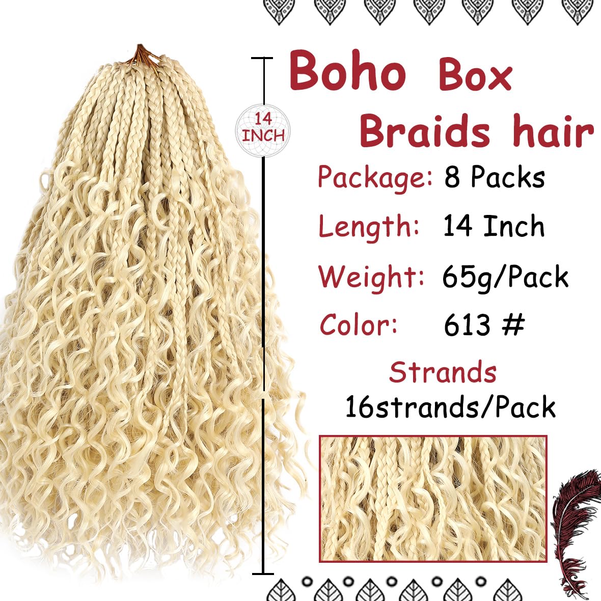 Beverlee 14 Inch Boho Box Braids 8 Packs Goddess Box Braids Crochet Hair Bohemian Hippie Braids Braiding Hair Box Braids with Curly Ends Messy Pre-looped Synthetic Crochet Hair for Women 613#